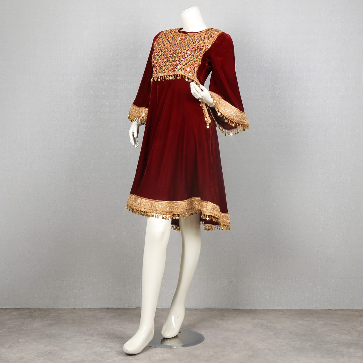 Burgundy Velvet Dress with Golden Embroidery and Tassel Trim 1