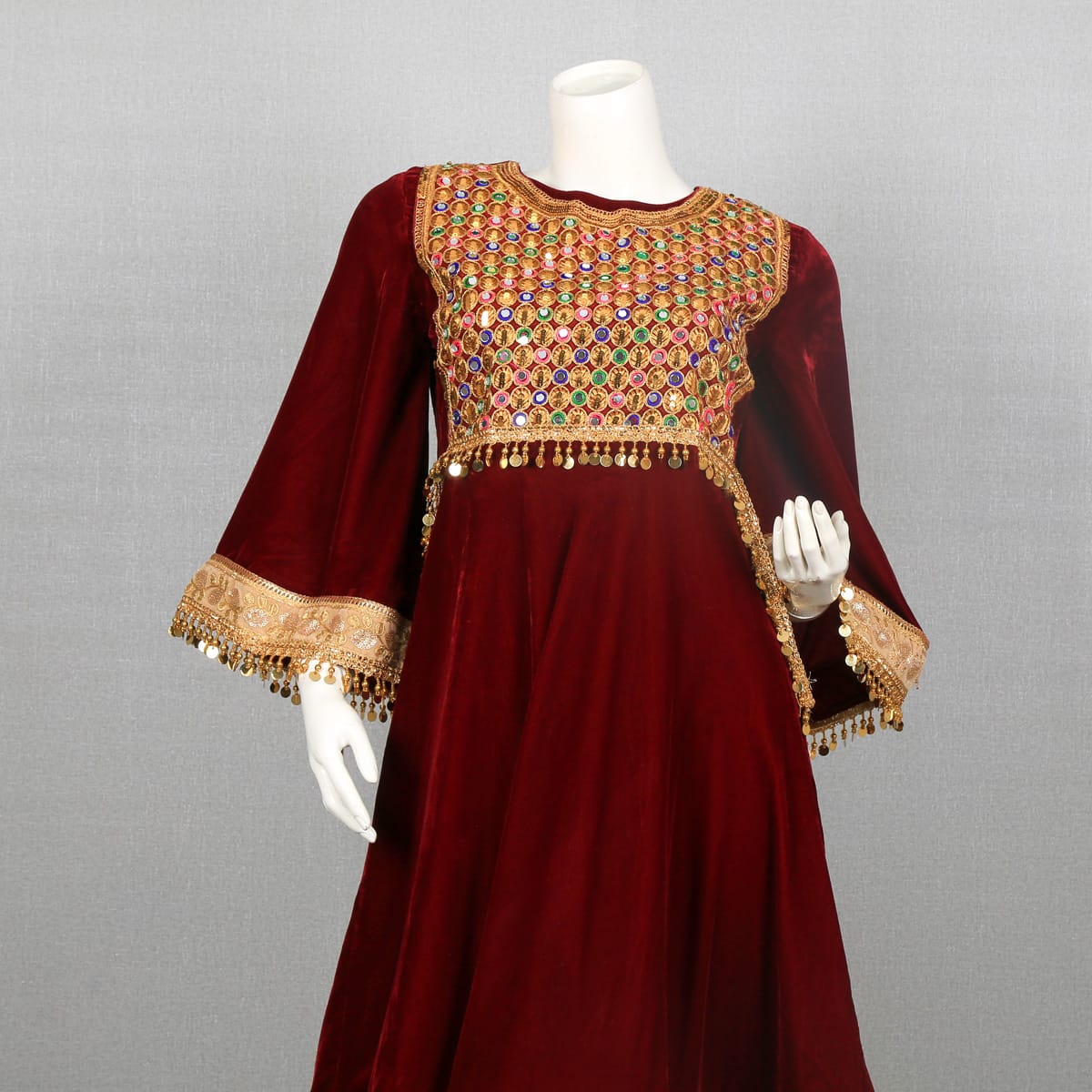 Burgundy Velvet Dress with Golden Embroidery and Tassel Trim 2
