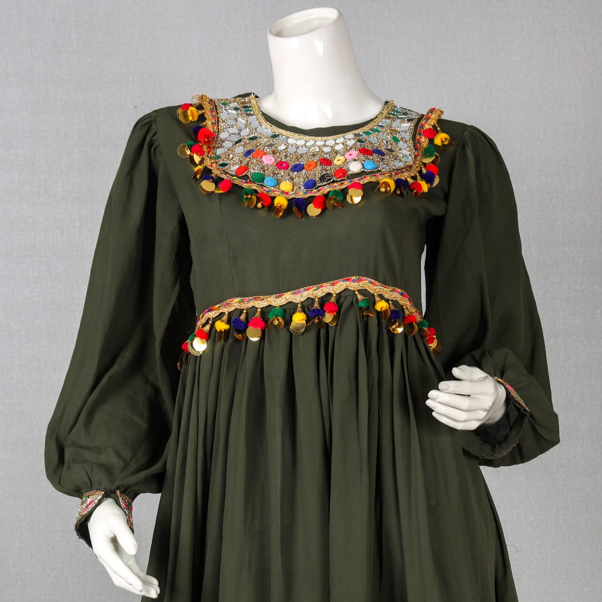 Traditional Afghan Dress - Olive Green with Mirror and Pom-Pom 3
