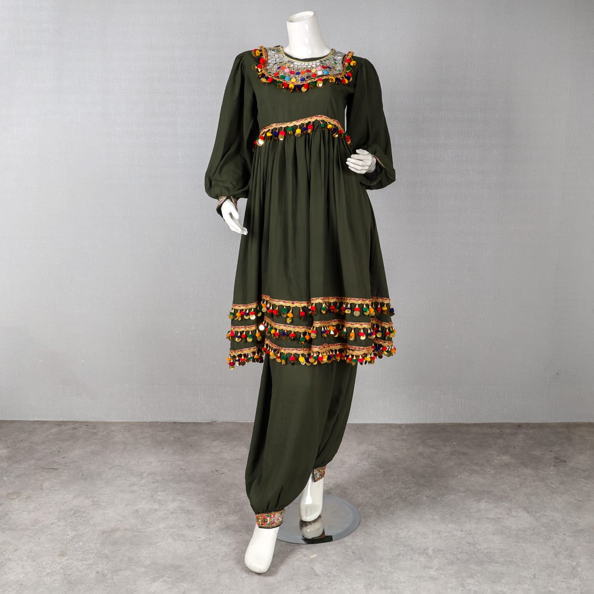 Traditional Afghan Dress - Olive Green with Mirror and Pom-Pom 1
