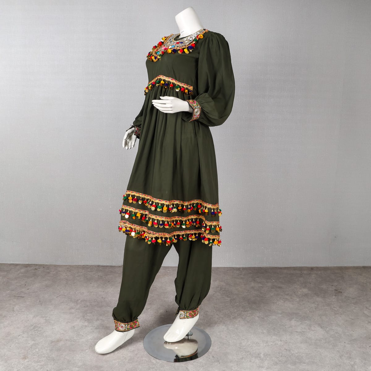 Traditional Afghan Dress - Olive Green with Mirror and Pom-Pom 2
