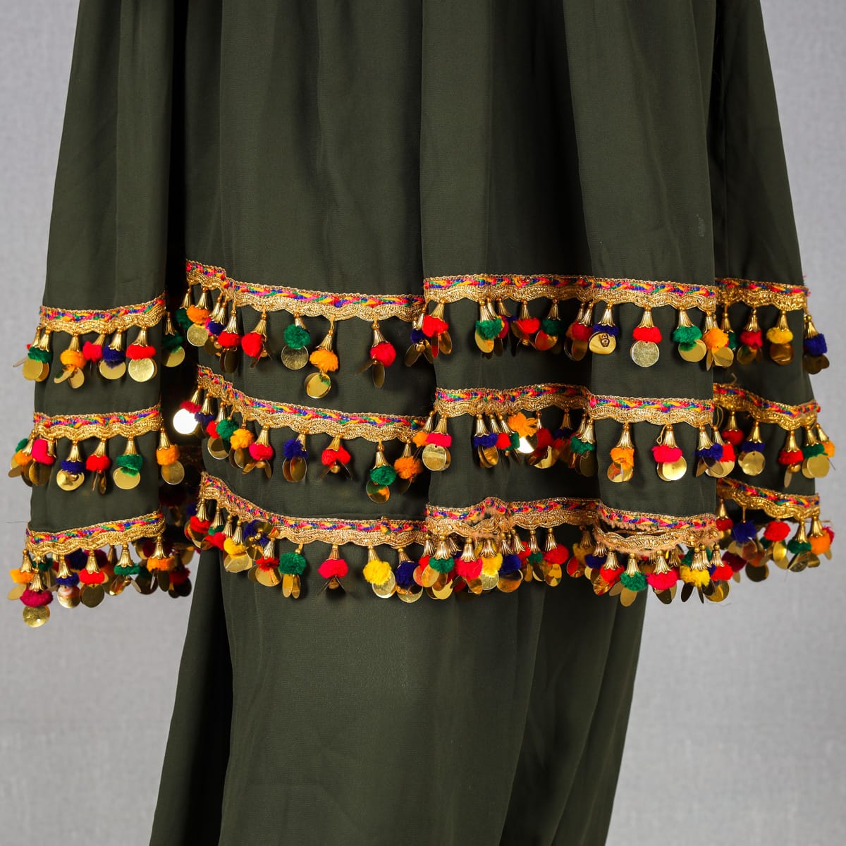 Traditional Afghan Dress - Olive Green with Mirror and Pom-Pom 4