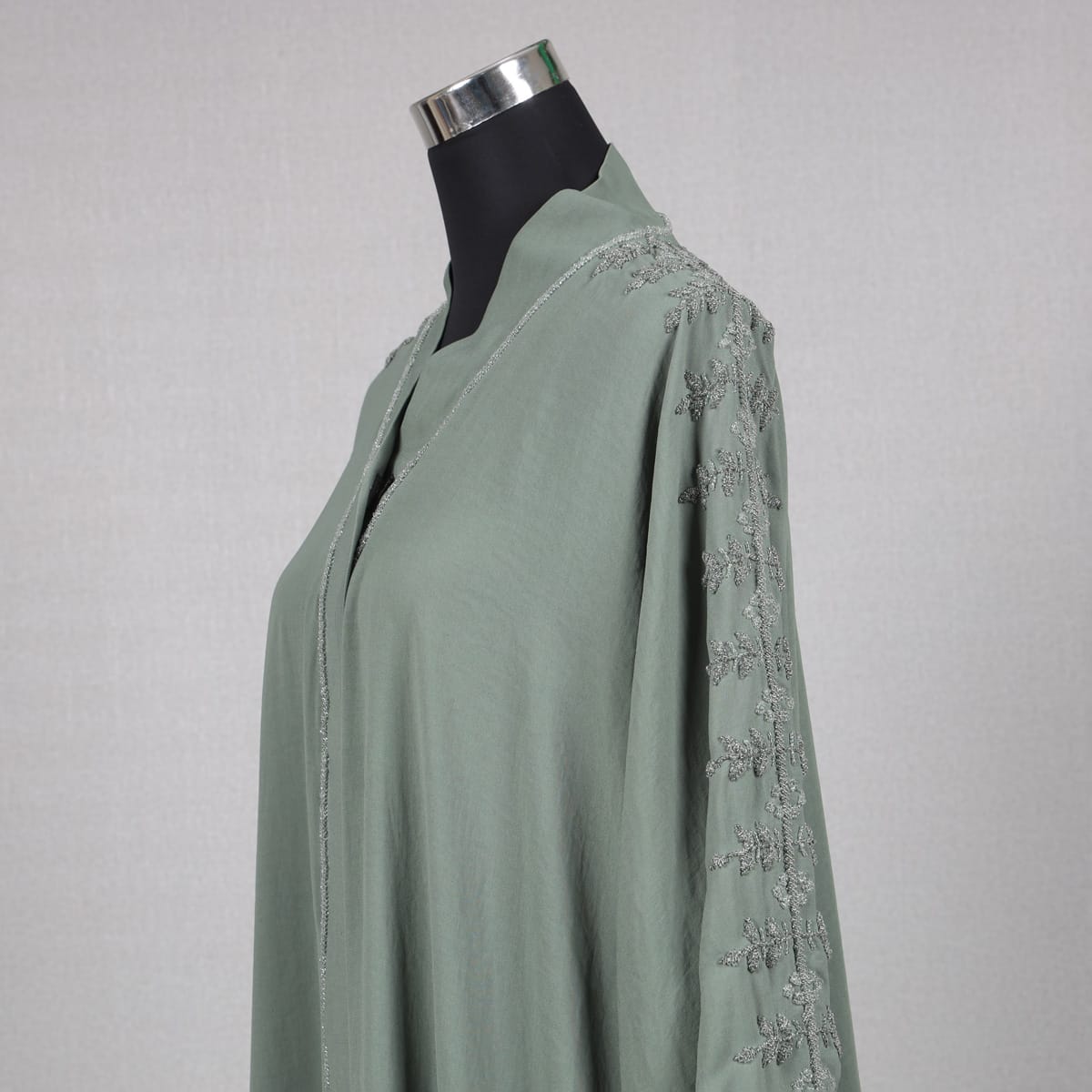Elegant Sage Green Open Abaya with Subtle Embroidery 4