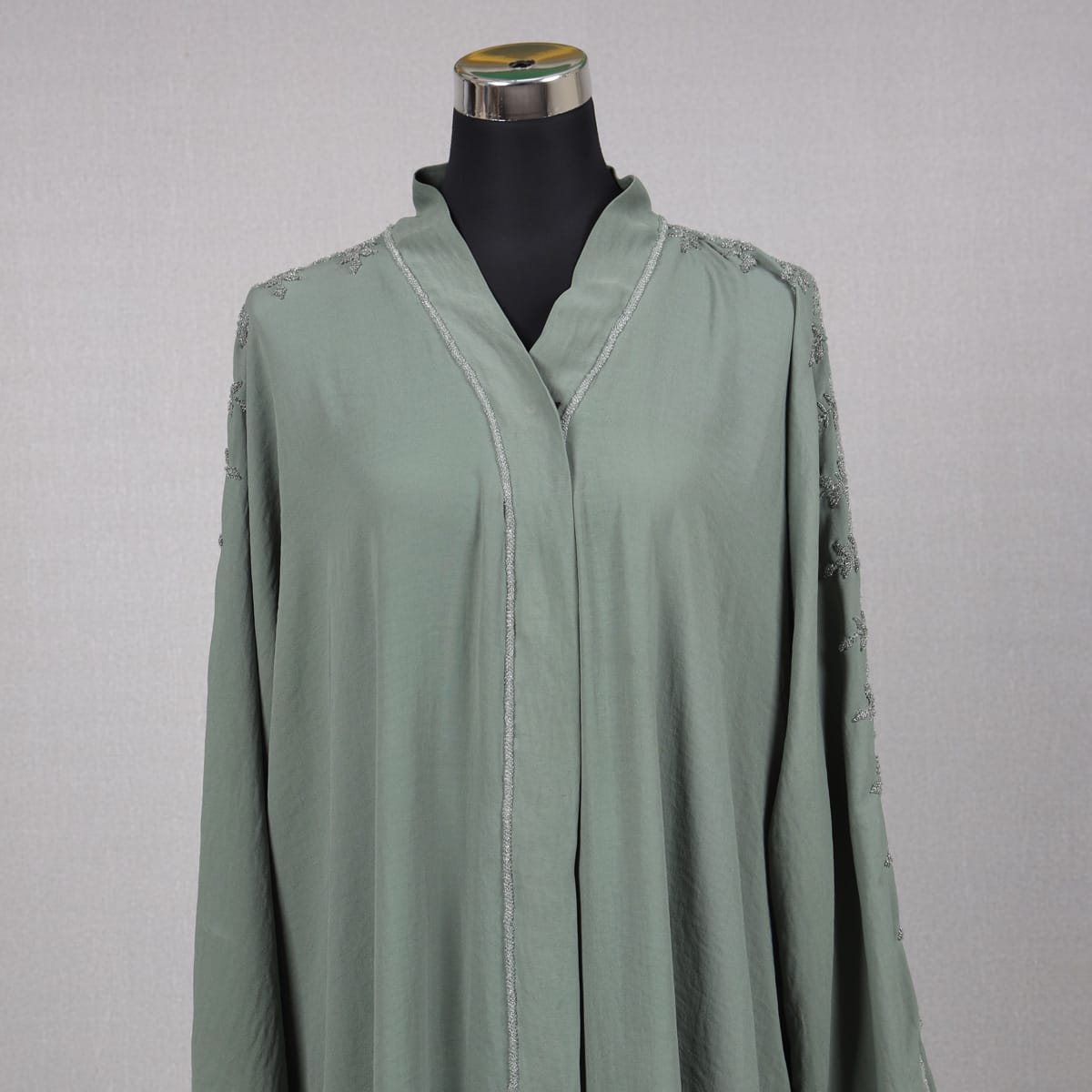 Elegant Sage Green Open Abaya with Subtle Embroidery 3
