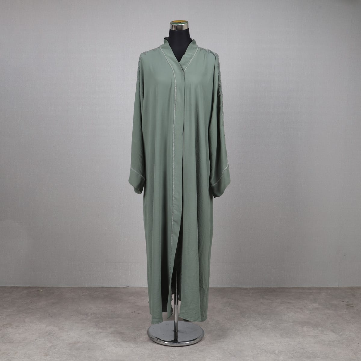 Elegant Sage Green Open Abaya with Subtle Embroidery 2