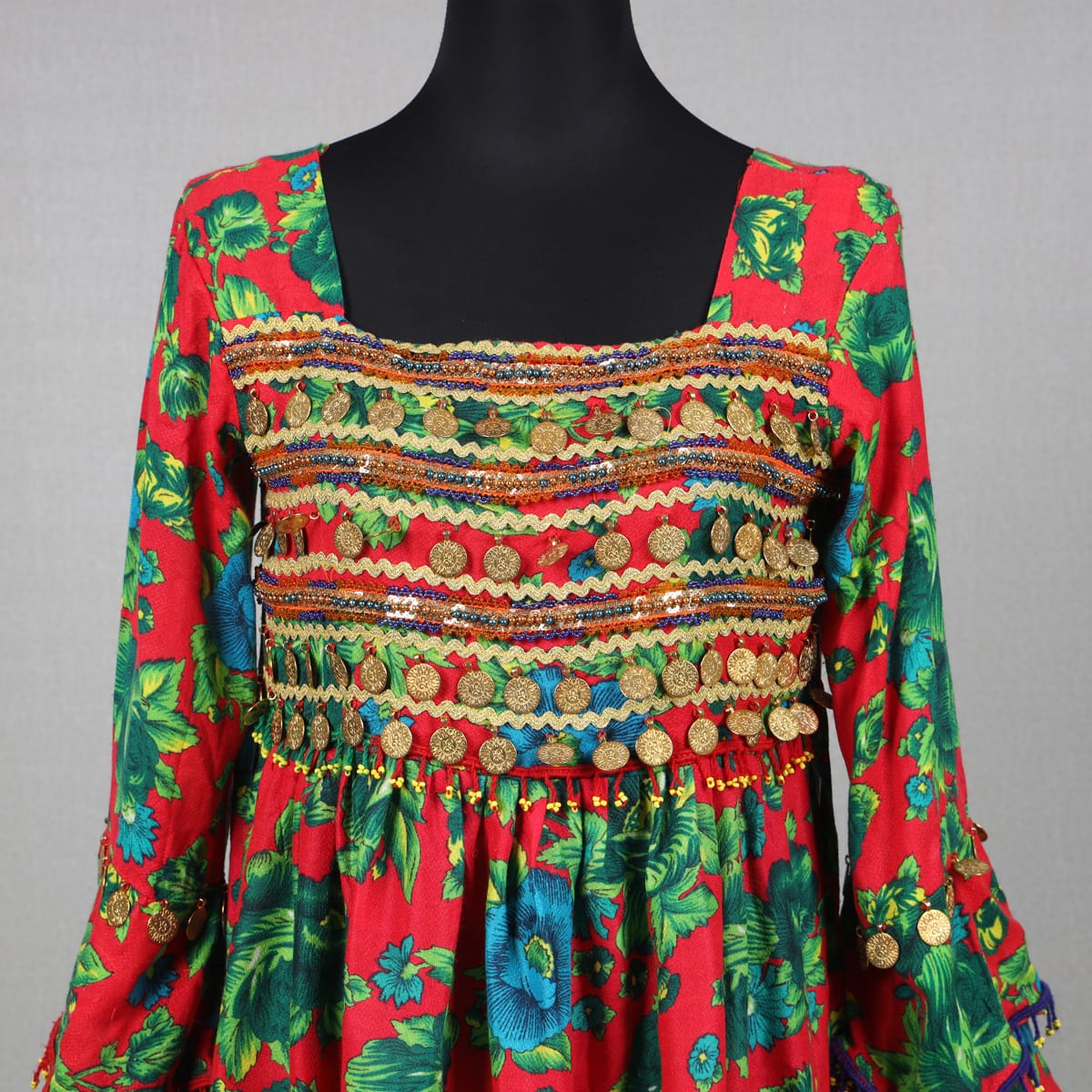 Afghan-Inspired Red Floral Dress with Embroidered Bodice 4