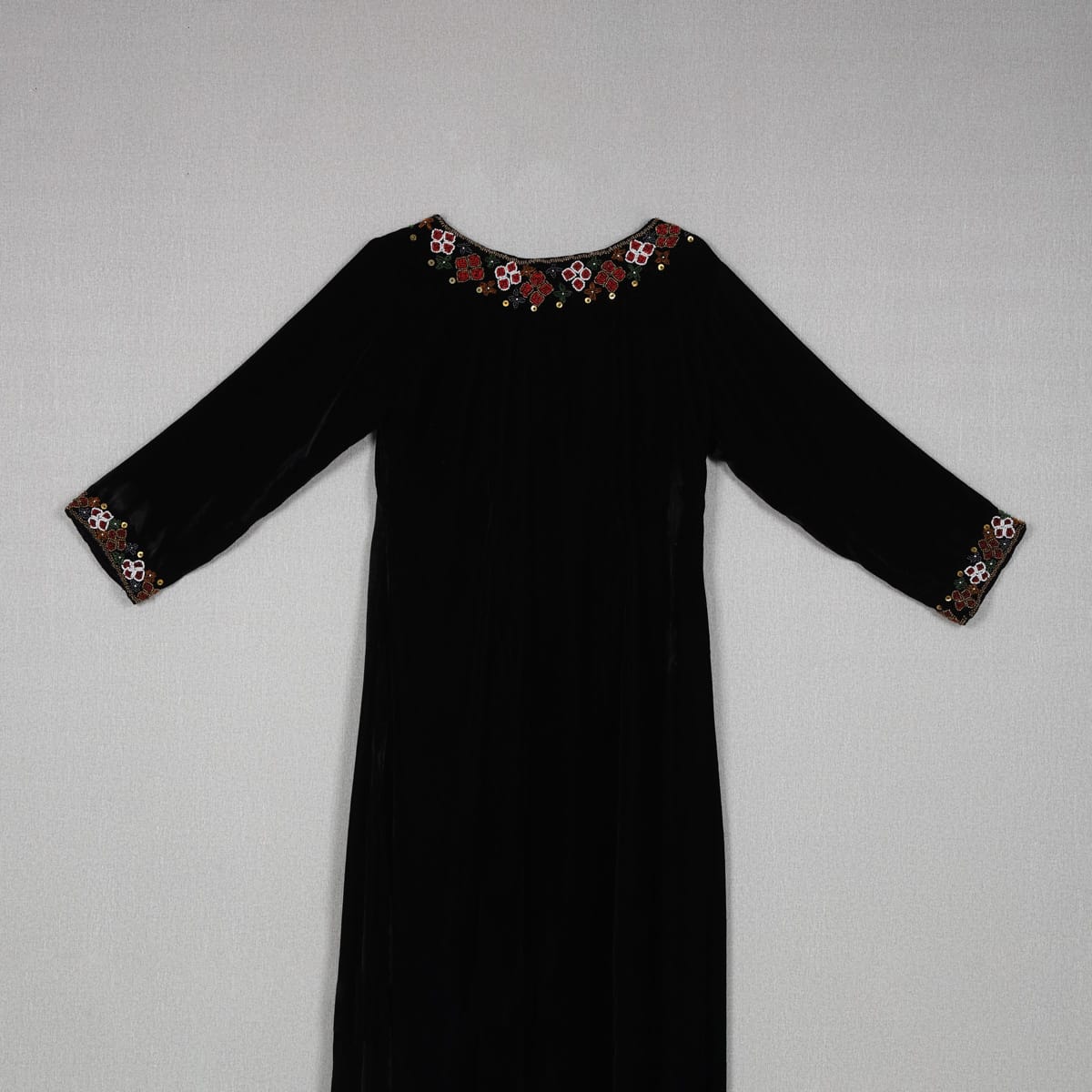 Classic Black Velvet Dress with Floral Embroidered Neckline 3