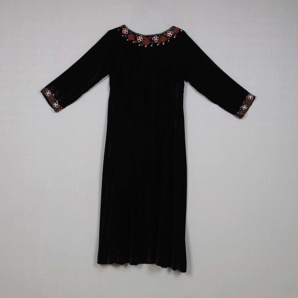 Classic Black Velvet Dress with Floral Embroidered Neckline 1