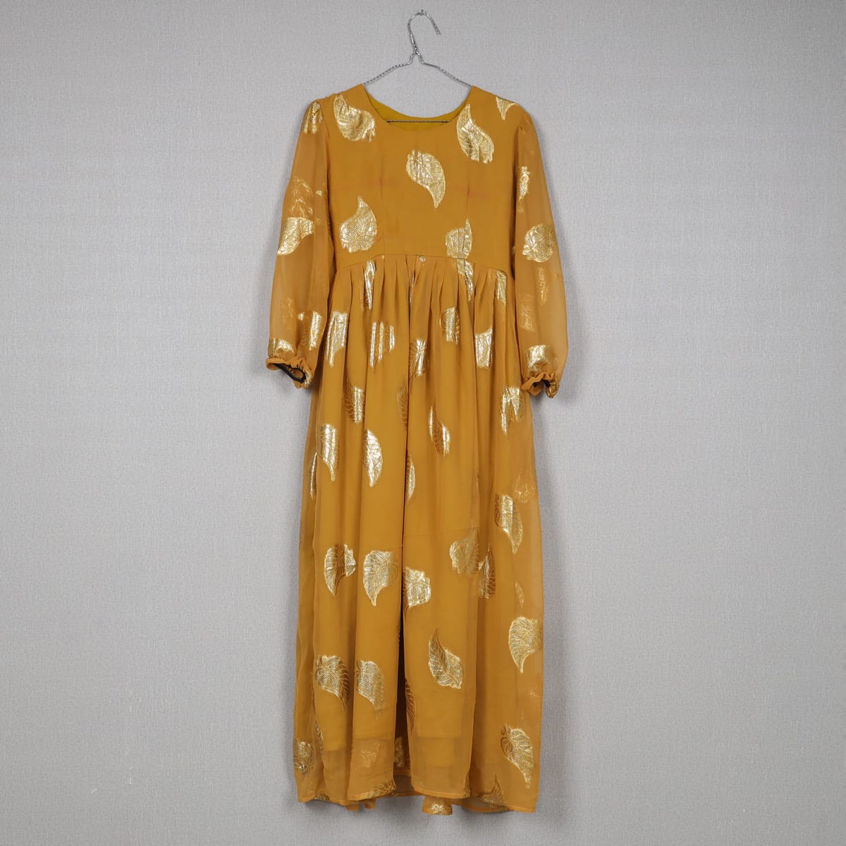 Mustard Yellow Maxi Dress with Golden Leaf Print 4