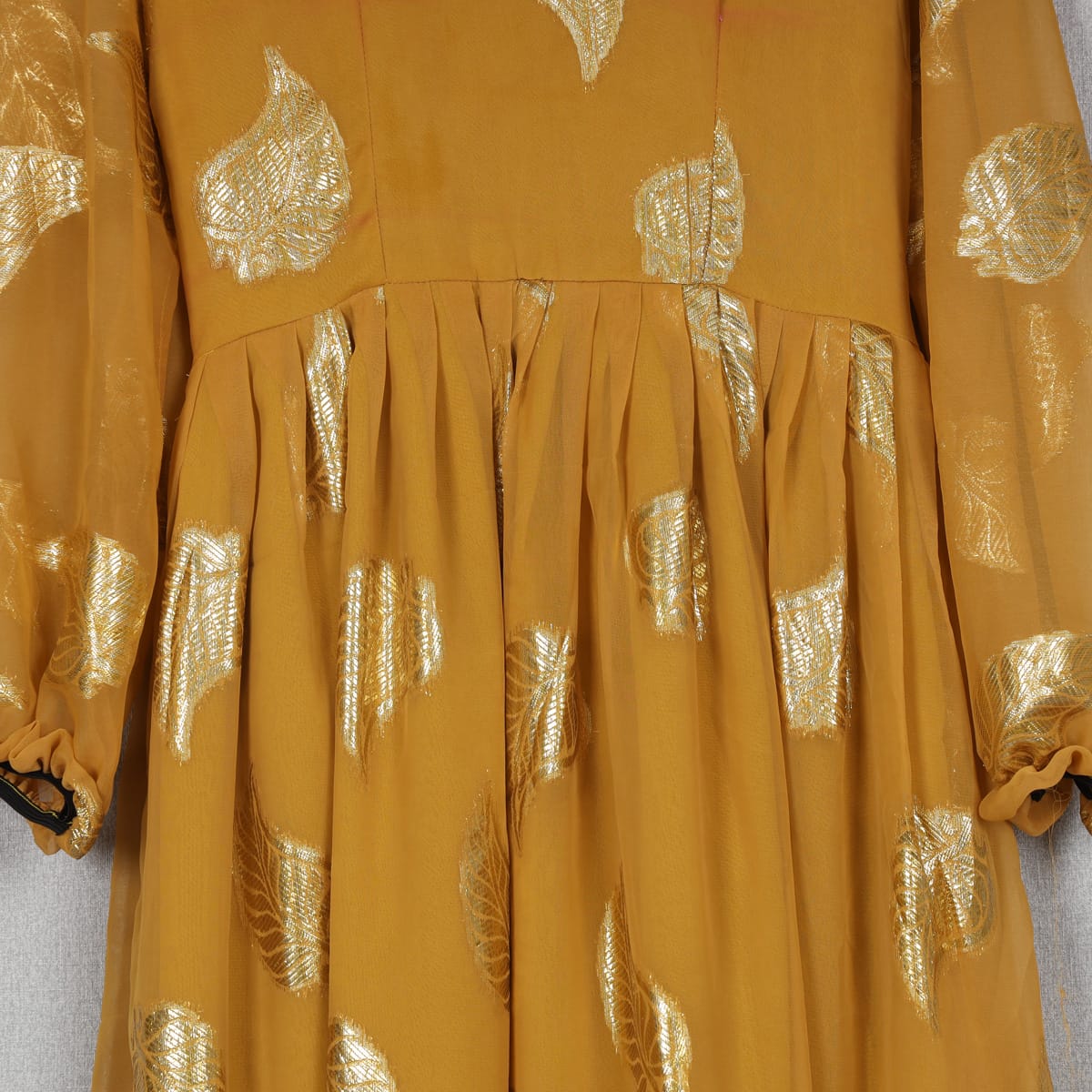 Mustard Yellow Maxi Dress with Golden Leaf Print 2