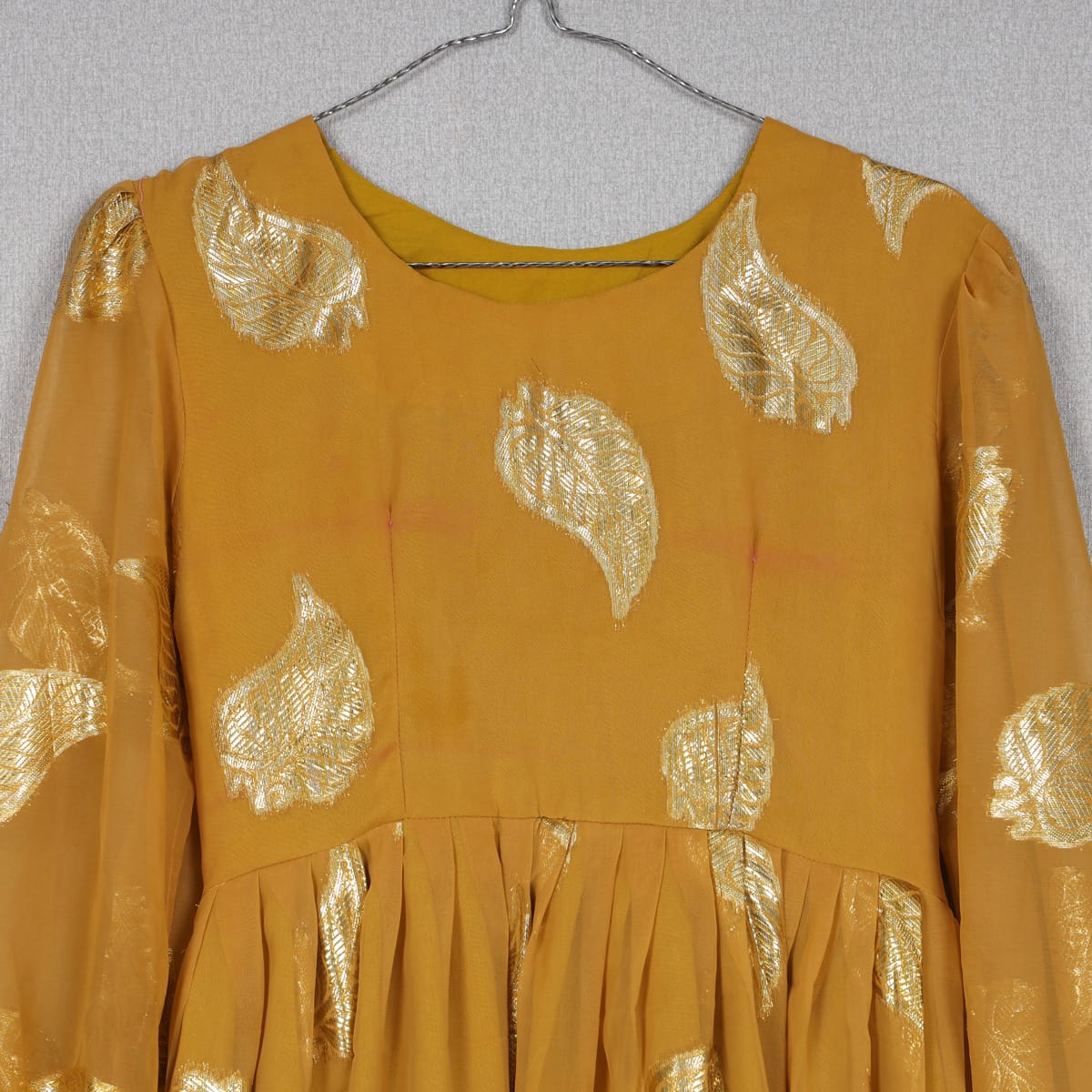 Mustard Yellow Maxi Dress with Golden Leaf Print 3