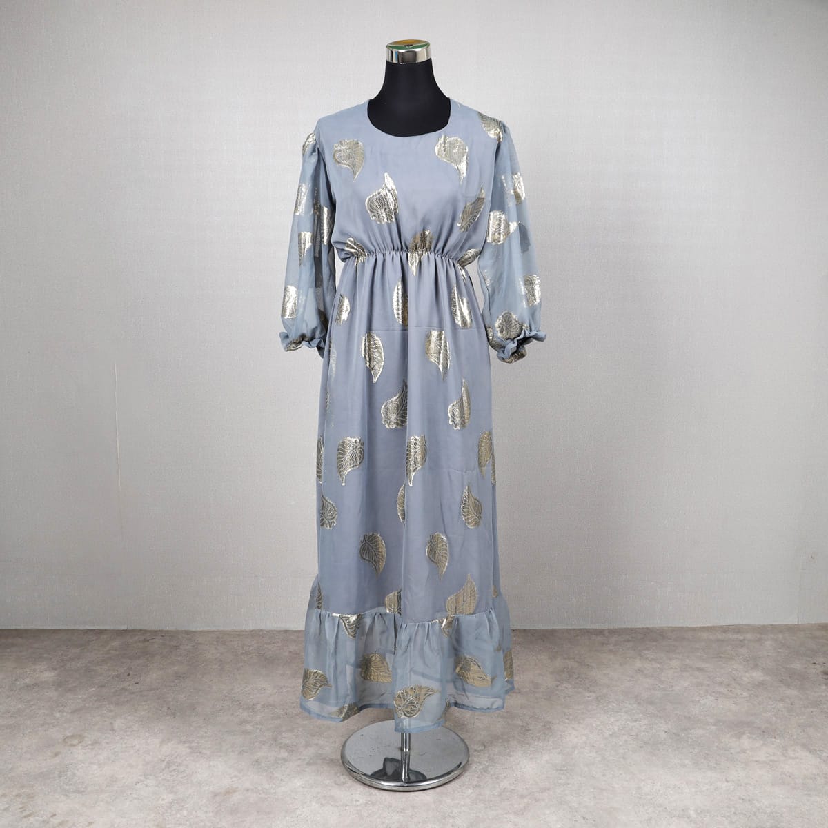 Light Grey Maxi Dress with Golden Foil Leaf Print 1