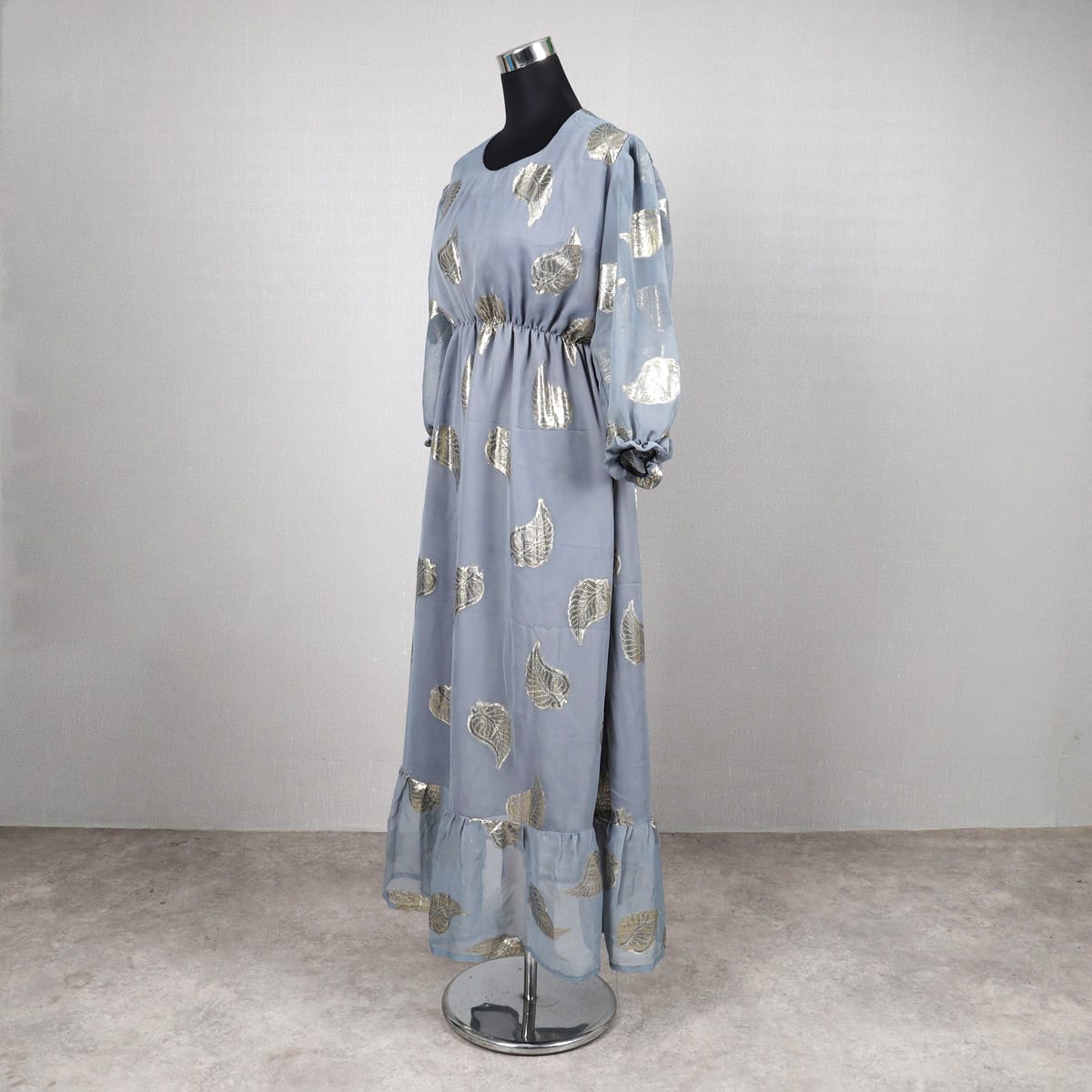 Light Grey Maxi Dress with Golden Foil Leaf Print 4