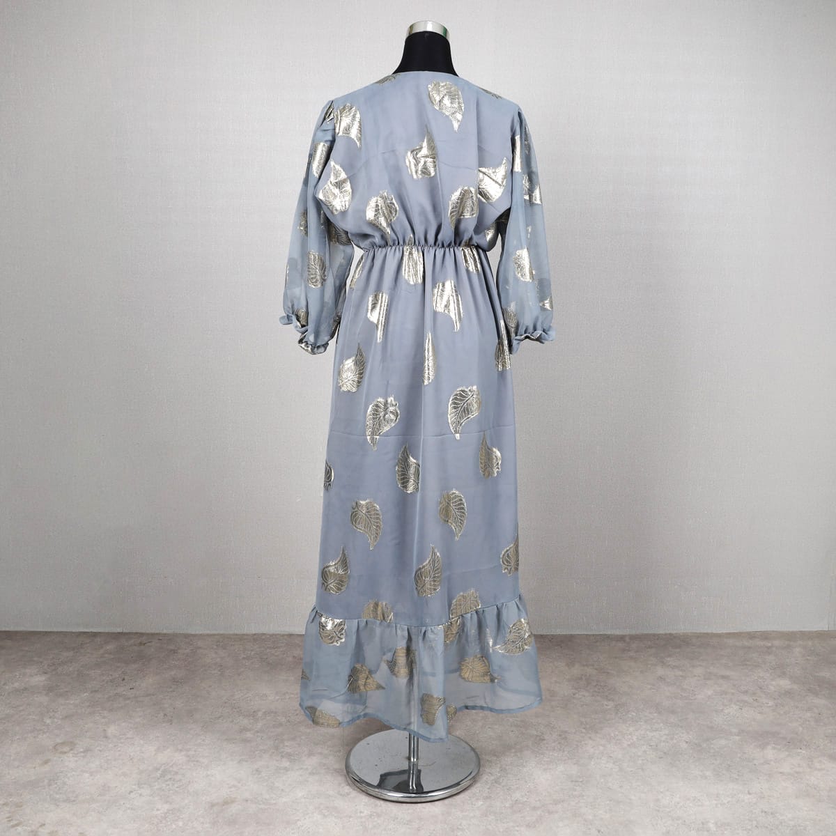 Light Grey Maxi Dress with Golden Foil Leaf Print 2