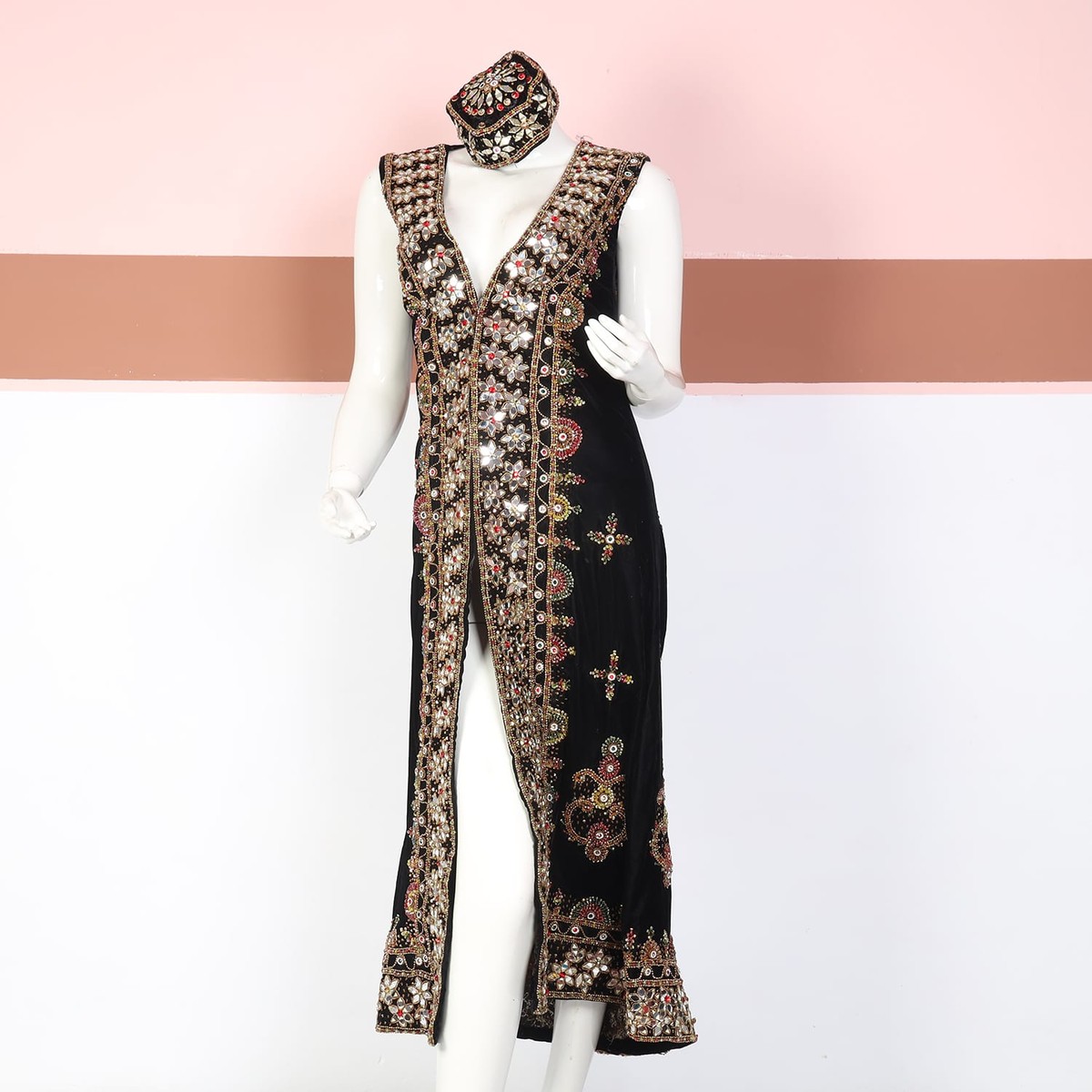 Black Sleeveless Embroidered Afghan Coat Dress with Matching Cap 2