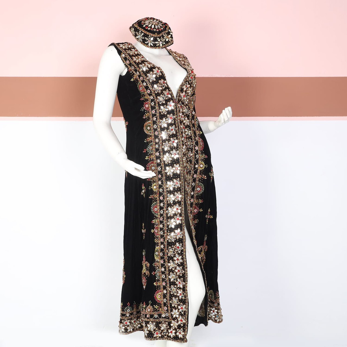 Black Sleeveless Embroidered Afghan Coat Dress with Matching Cap 1