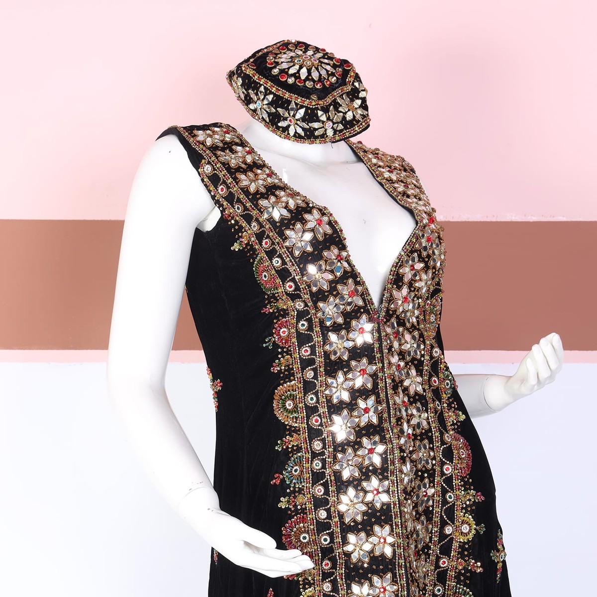 Black Sleeveless Embroidered Afghan Coat Dress with Matching Cap 3