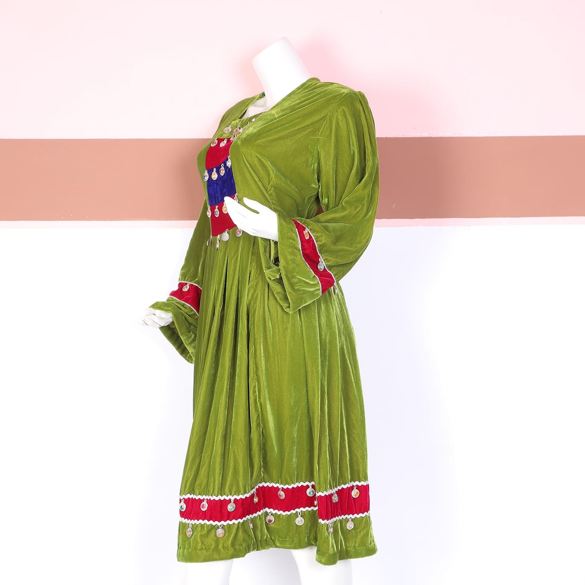 Green Velvet Traditional Dress with Red & Blue Panel Embellishment 4