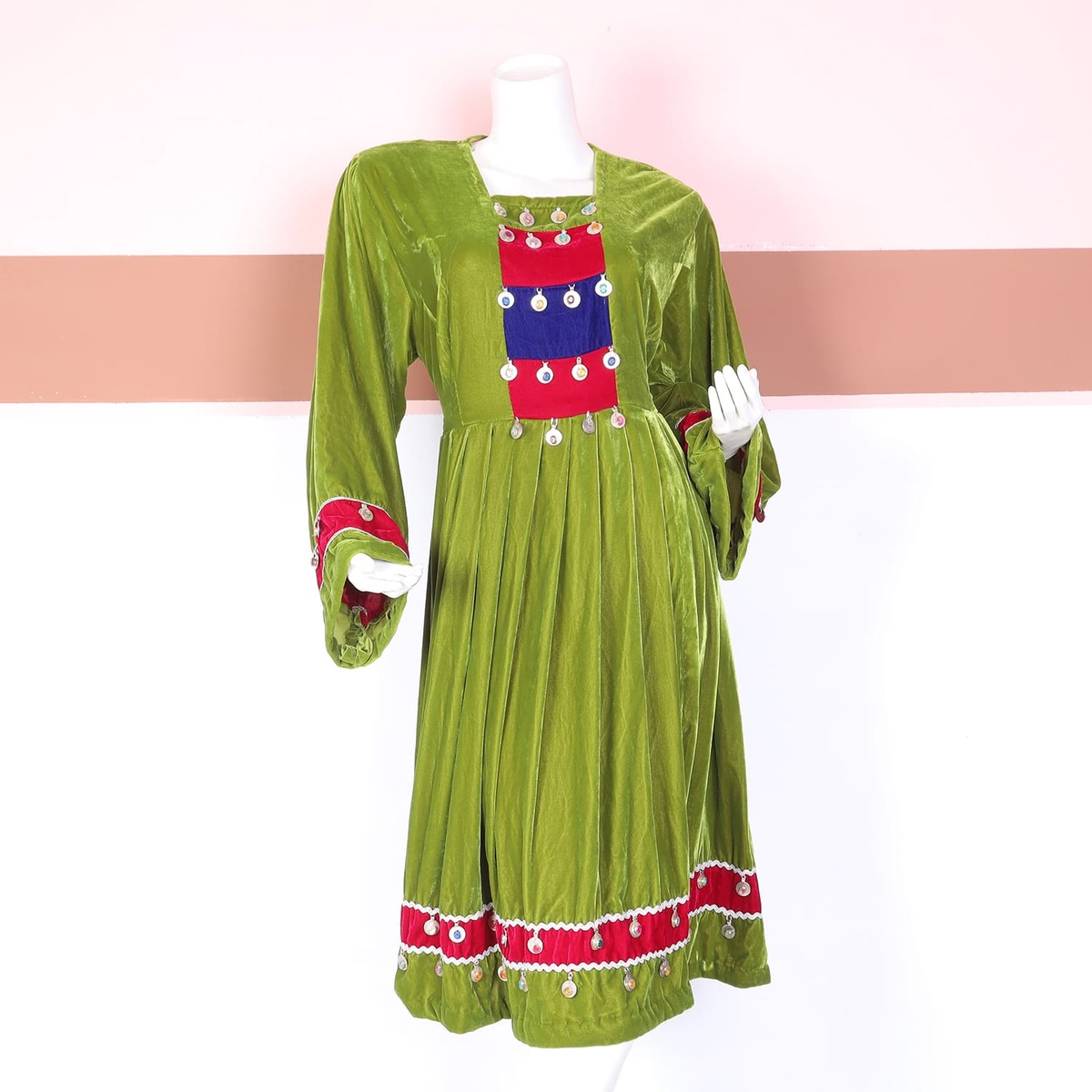 Green Velvet Traditional Dress with Red & Blue Panel Embellishment 1