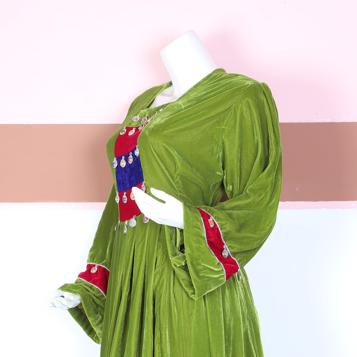 Green Velvet Traditional Dress with Red & Blue Panel Embellishment 3