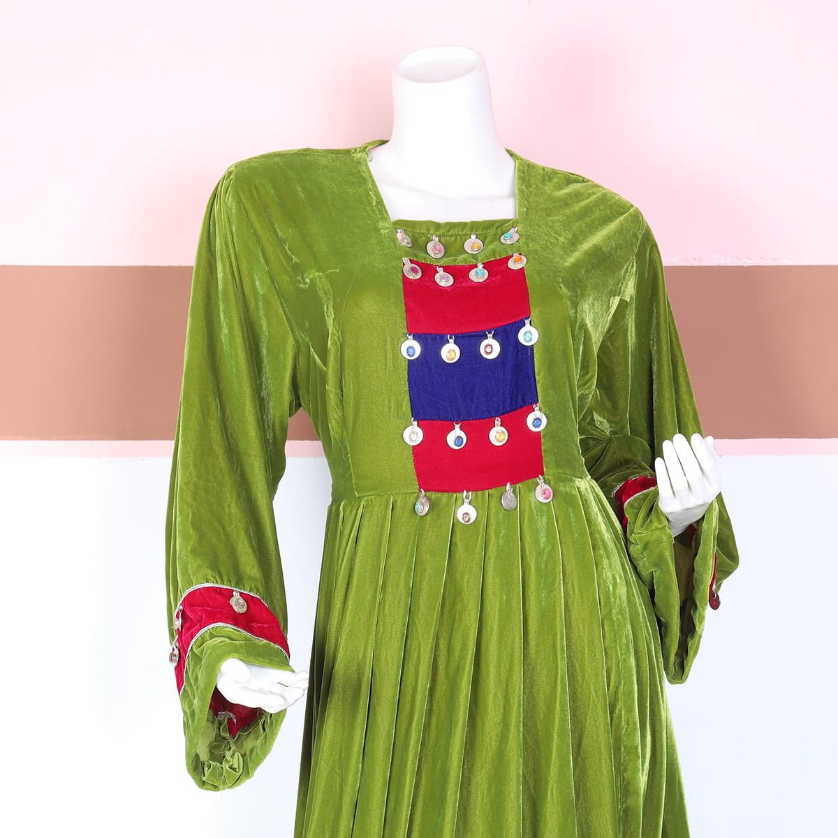 Green Velvet Traditional Dress with Red & Blue Panel Embellishment 2