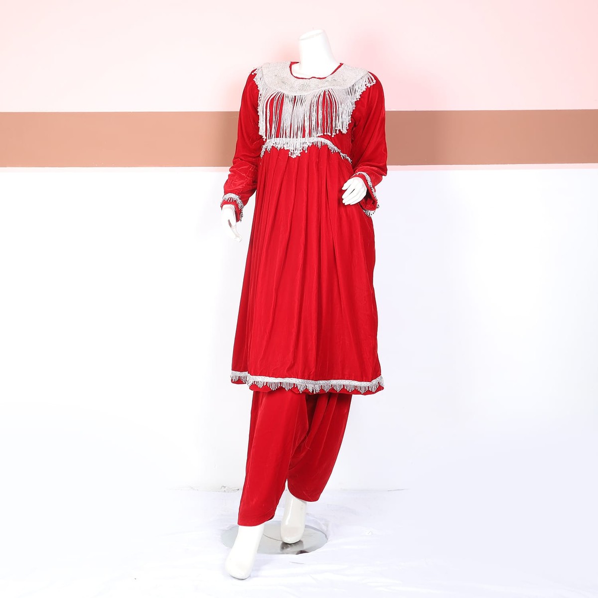 Elegant Red Traditional Dress with Silver Tassel Detailing 1