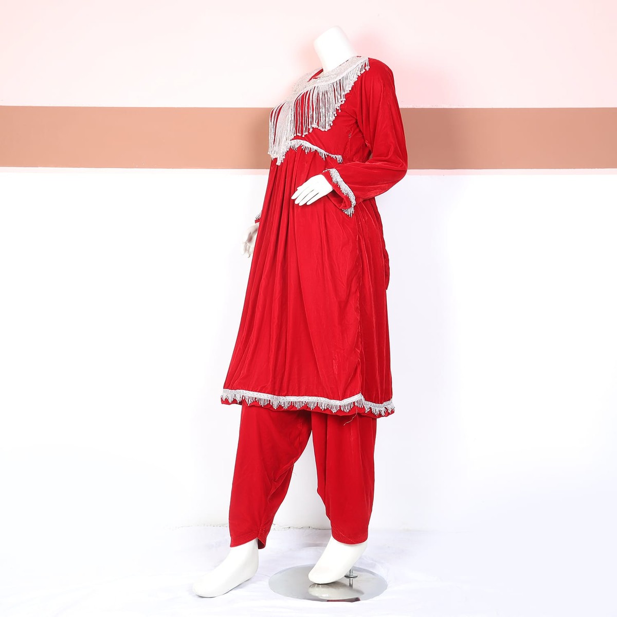 Elegant Red Traditional Dress with Silver Tassel Detailing 4