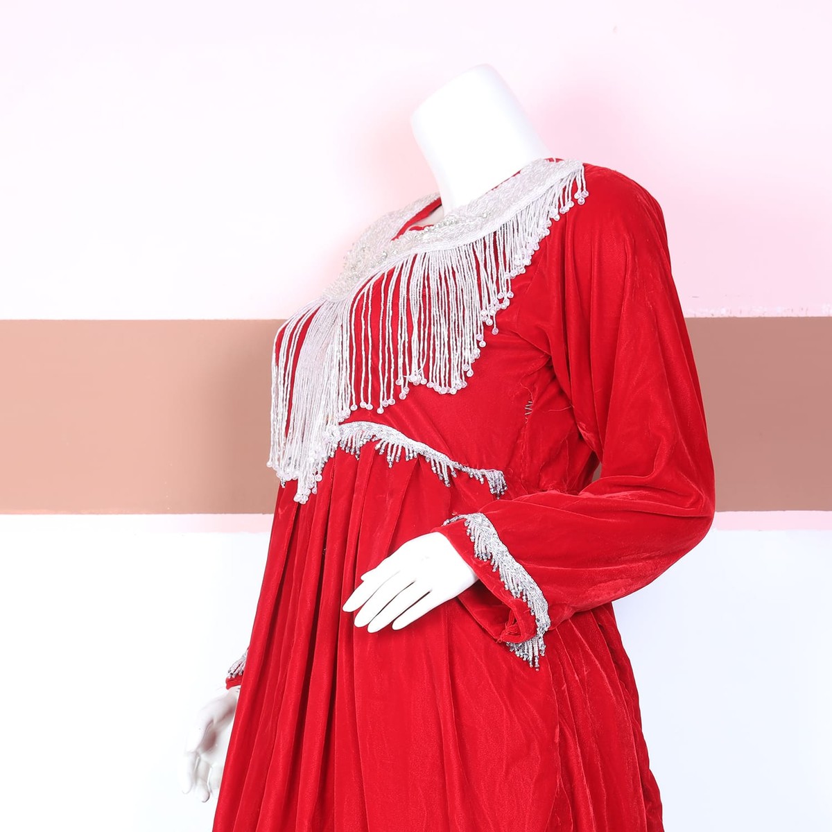 Elegant Red Traditional Dress with Silver Tassel Detailing 2