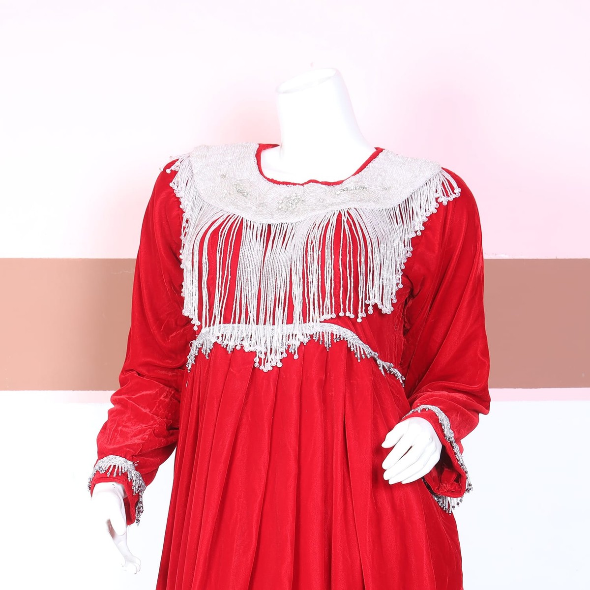 Elegant Red Traditional Dress with Silver Tassel Detailing 3