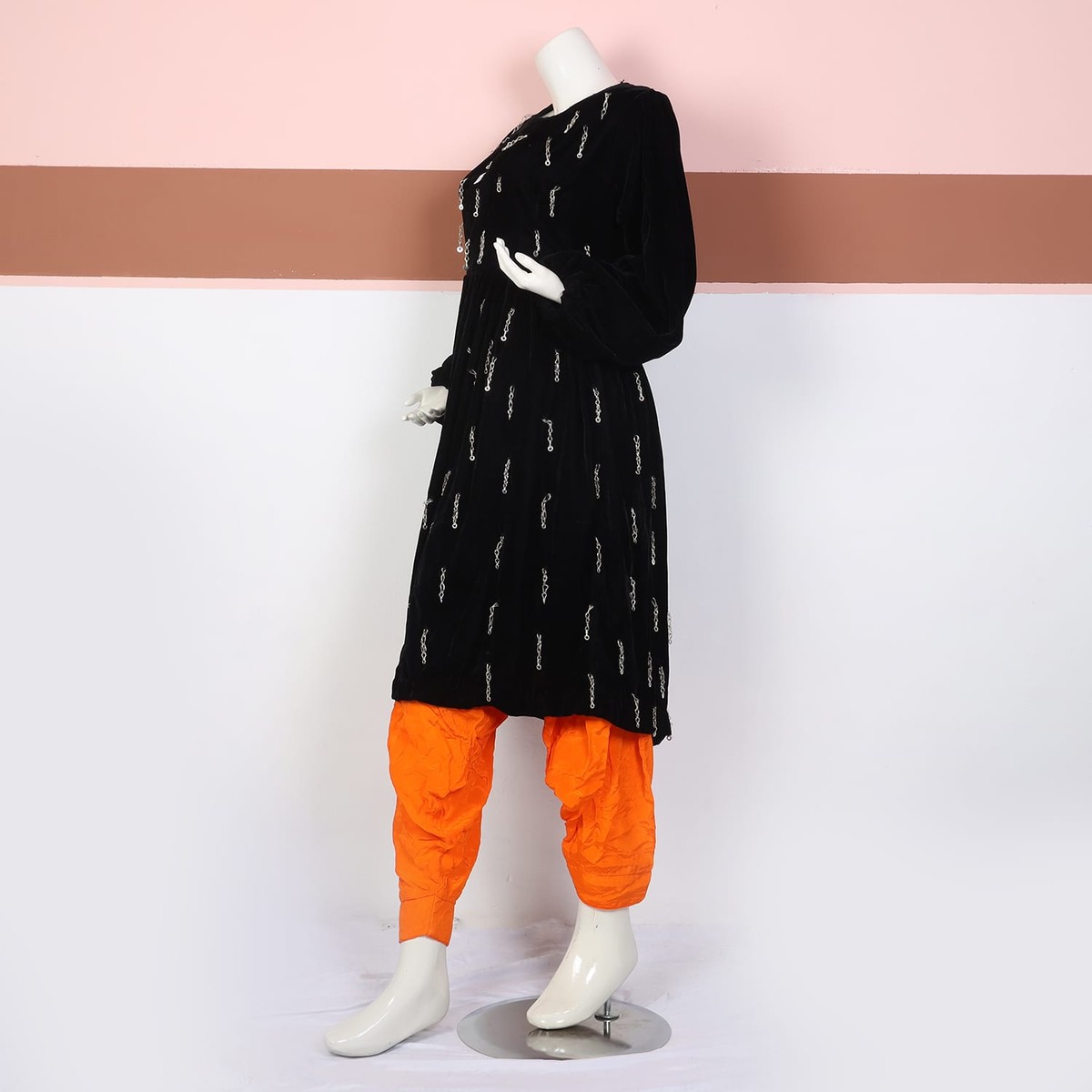 Black Velvet Kurti with Orange Shalwar 2