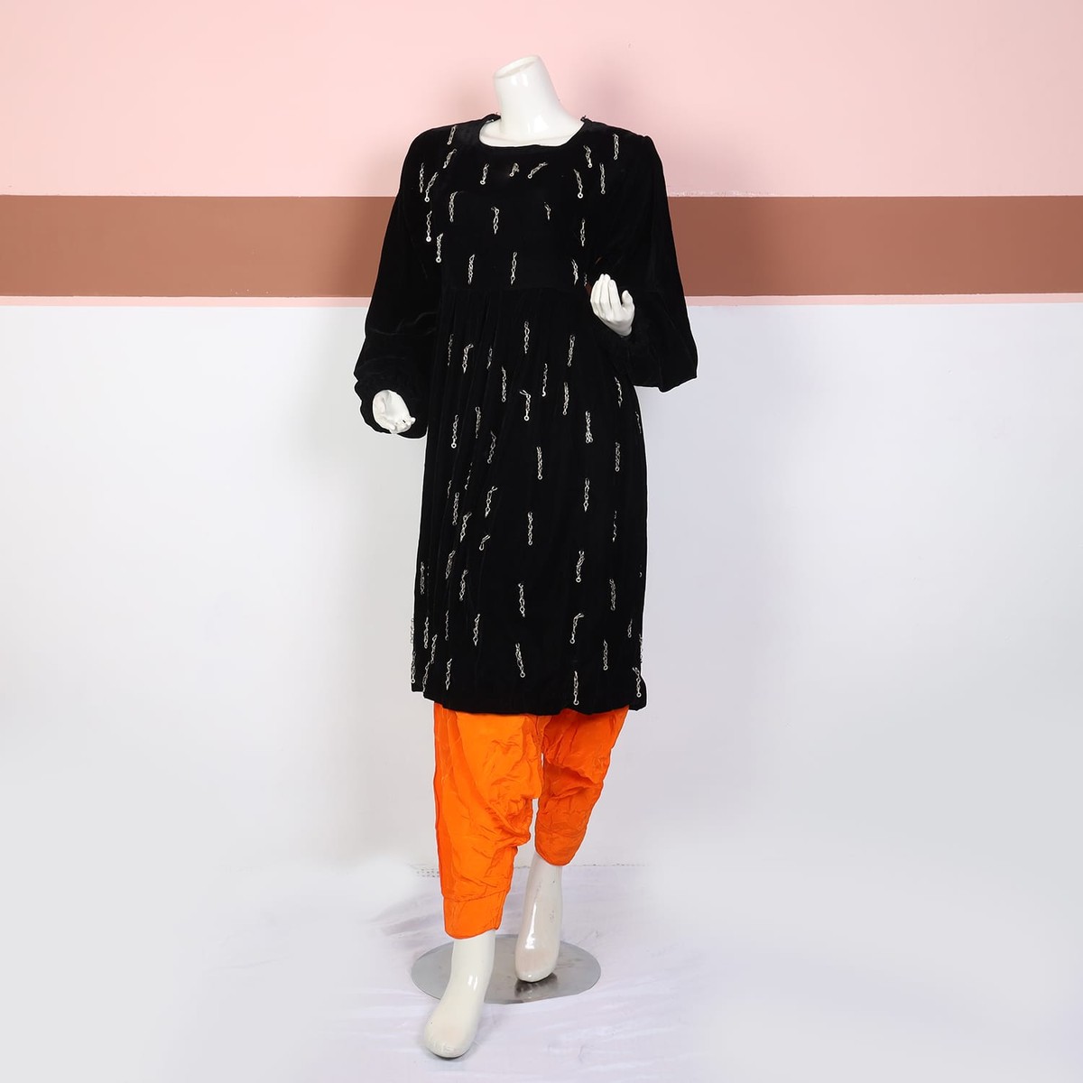 Black Velvet Kurti with Orange Shalwar 1