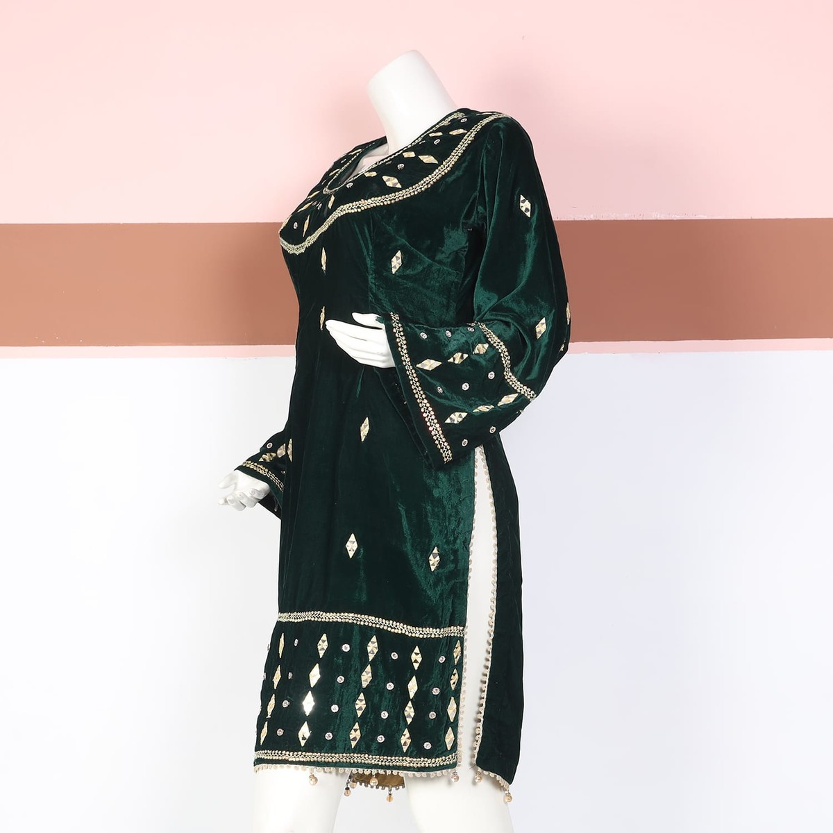 Emerald Green Velvet Traditional Dress with Mirror Embroidery 3