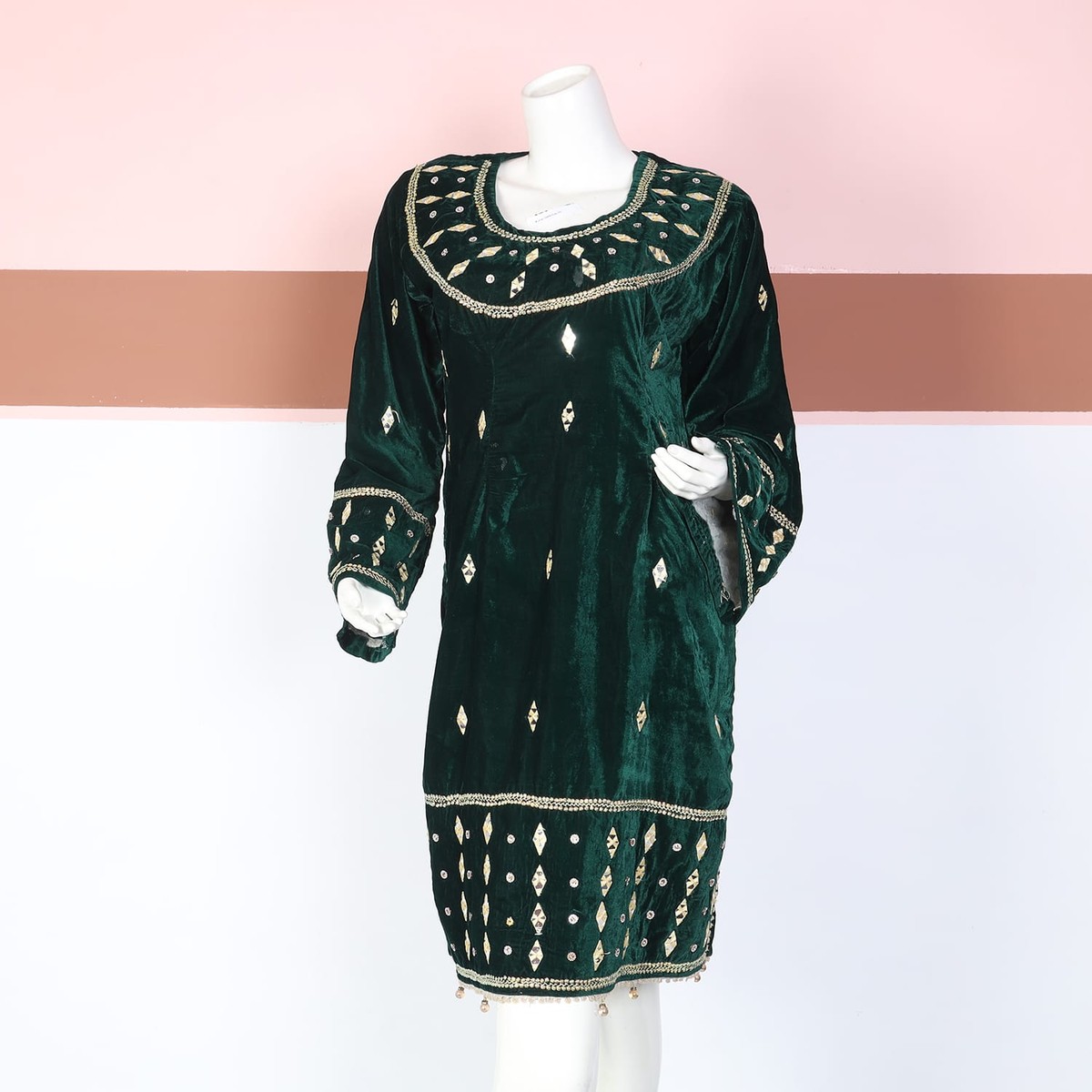 Emerald Green Velvet Traditional Dress with Mirror Embroidery 2