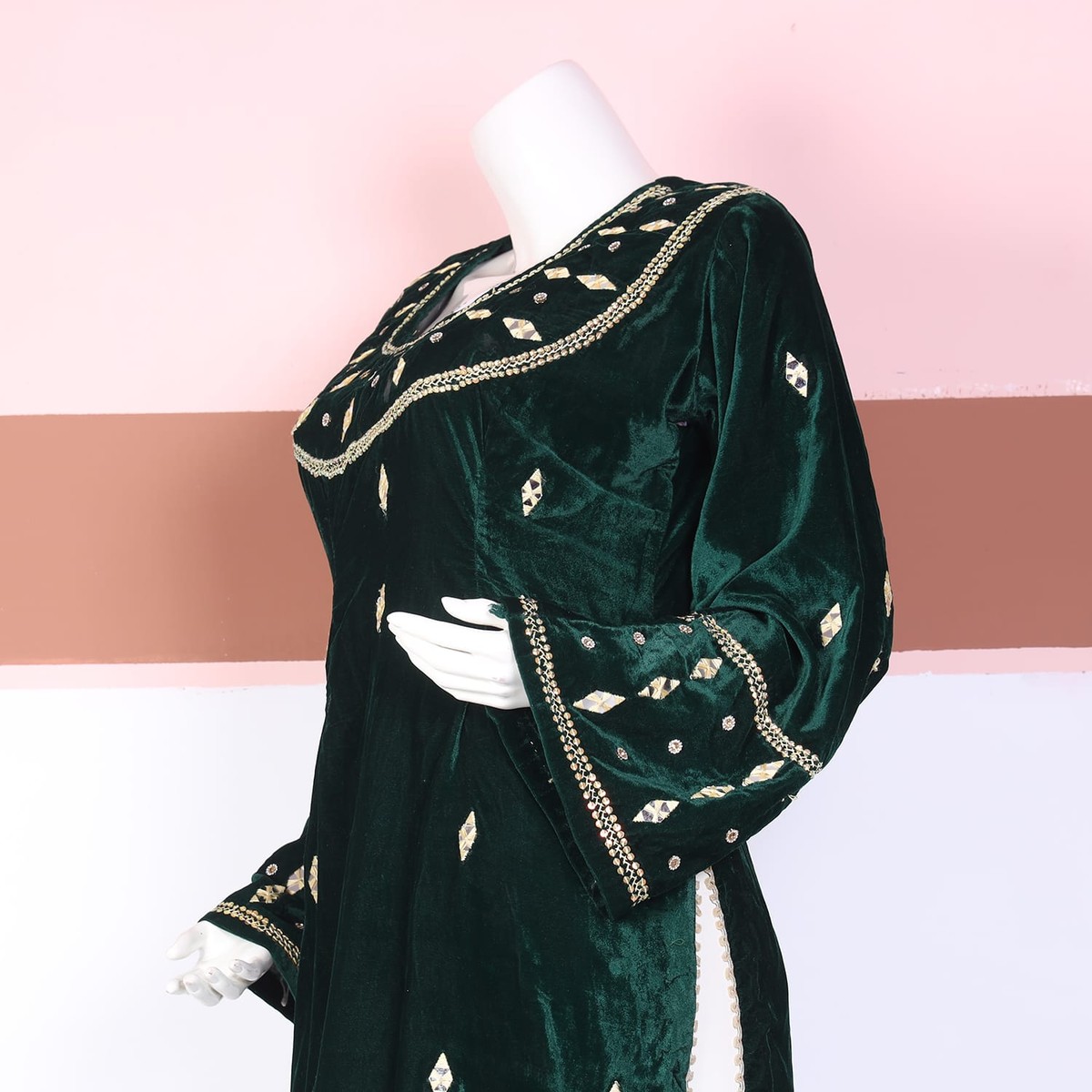 Emerald Green Velvet Traditional Dress with Mirror Embroidery 4