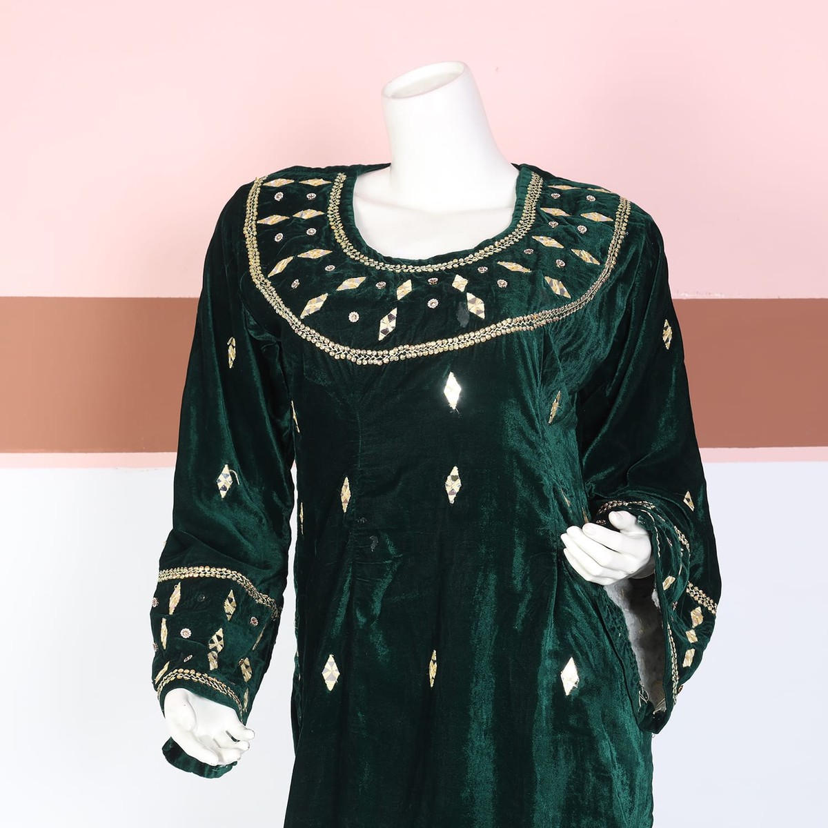 Emerald Green Velvet Traditional Dress with Mirror Embroidery 1