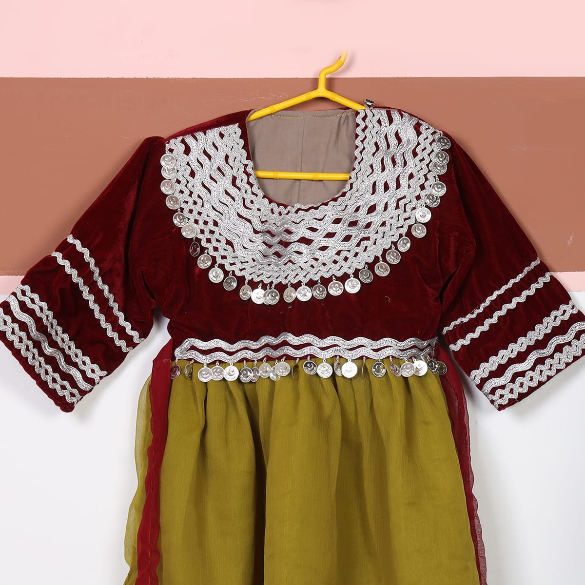 Kids’ Maroon & Olive Traditional Dress with Silver Coin Work 2