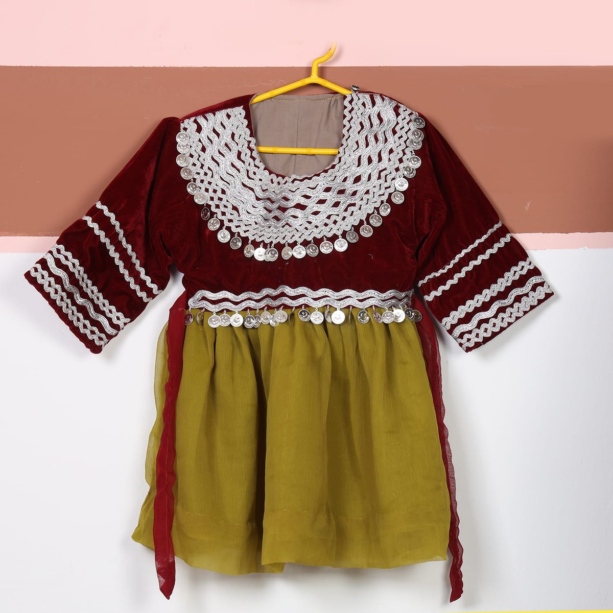 Kids’ Maroon & Olive Traditional Dress with Silver Coin Work 1