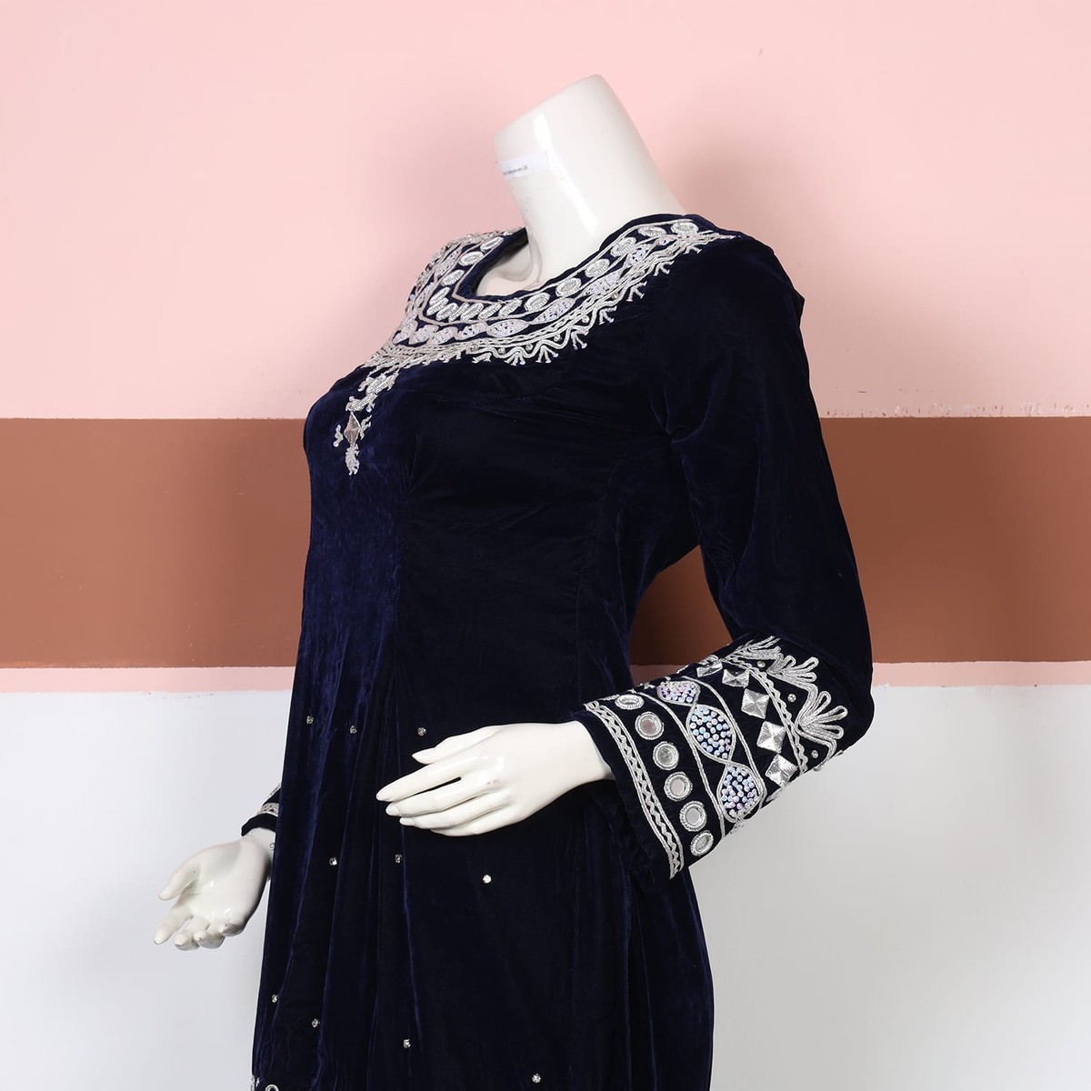 Navy Blue Velvet Afghan Dress with Silver Embroidery - Cloth Sizes Women: Small