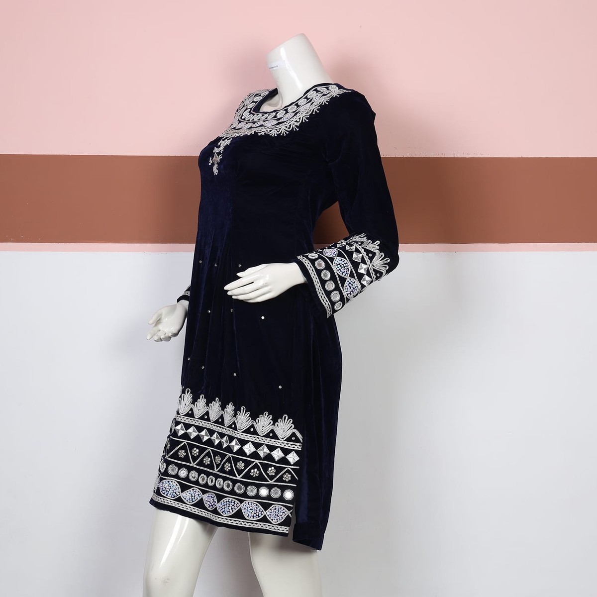 Navy Blue Velvet Afghan Dress with Silver Embroidery 4