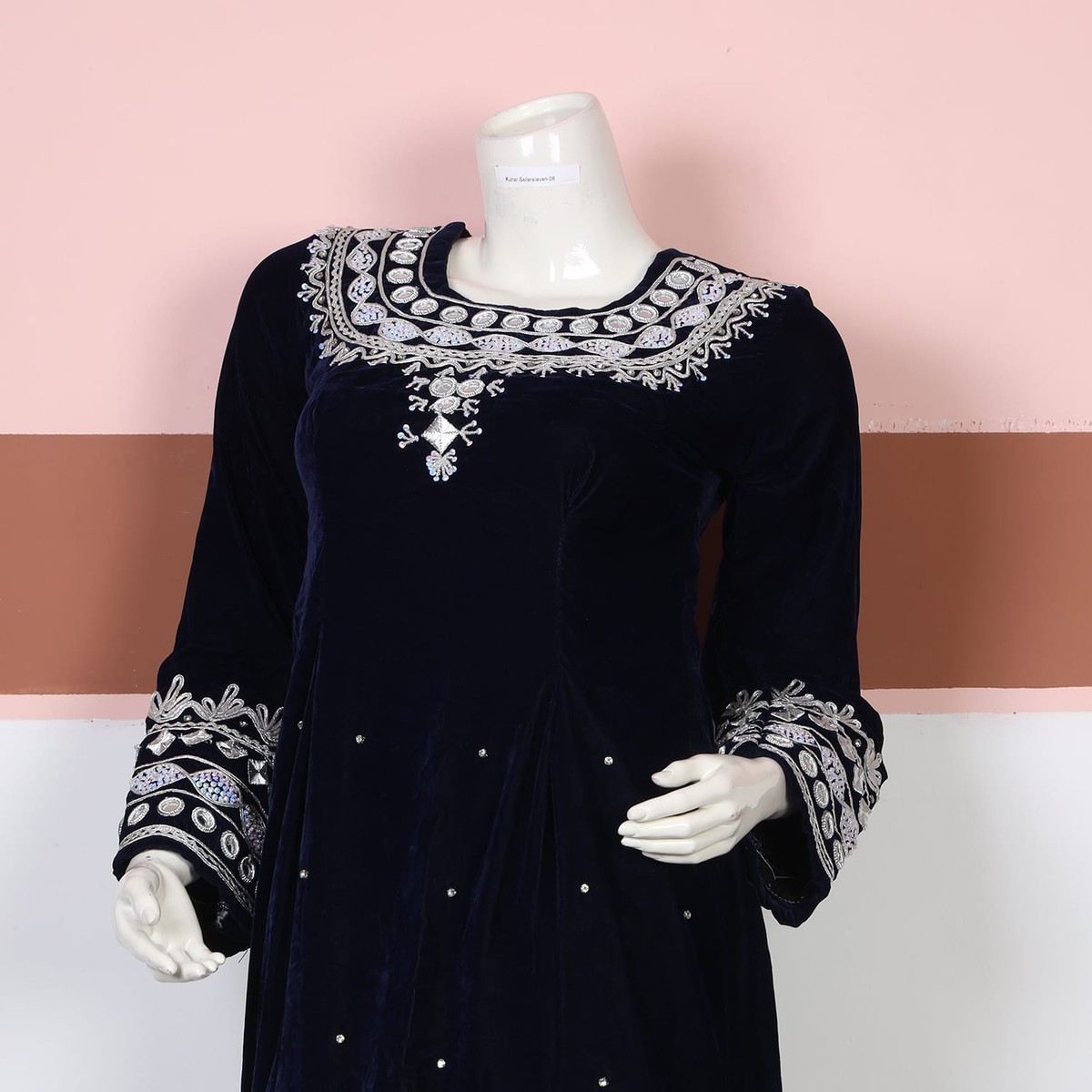Navy Blue Velvet Afghan Dress with Silver Embroidery 2