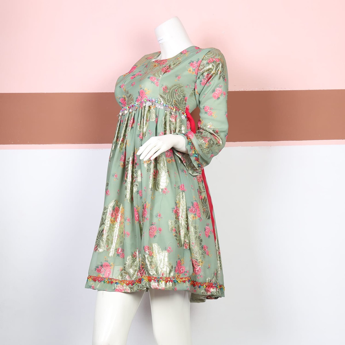 Pastel Green Floral Afghan Dress 1