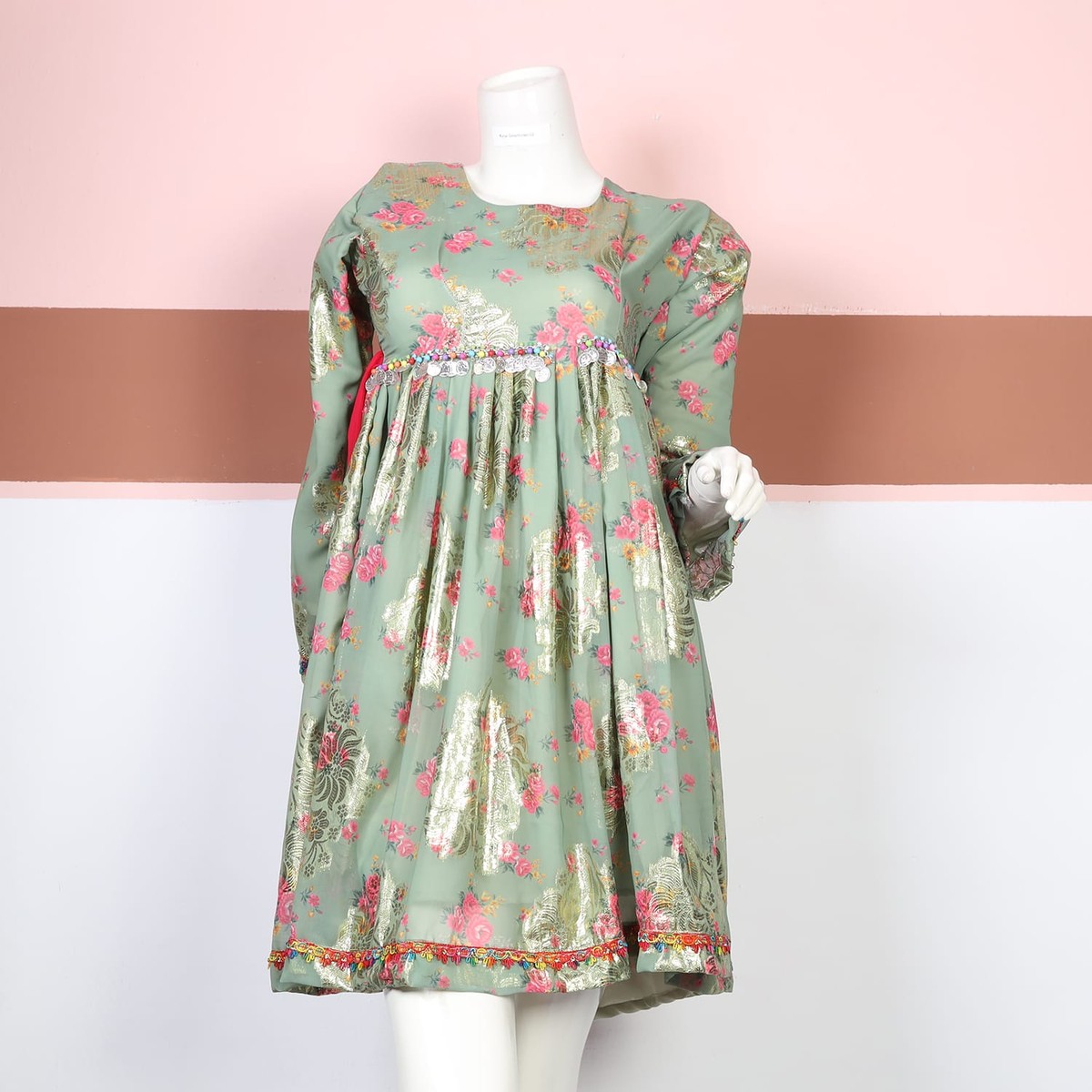 Pastel Green Floral Afghan Dress 3