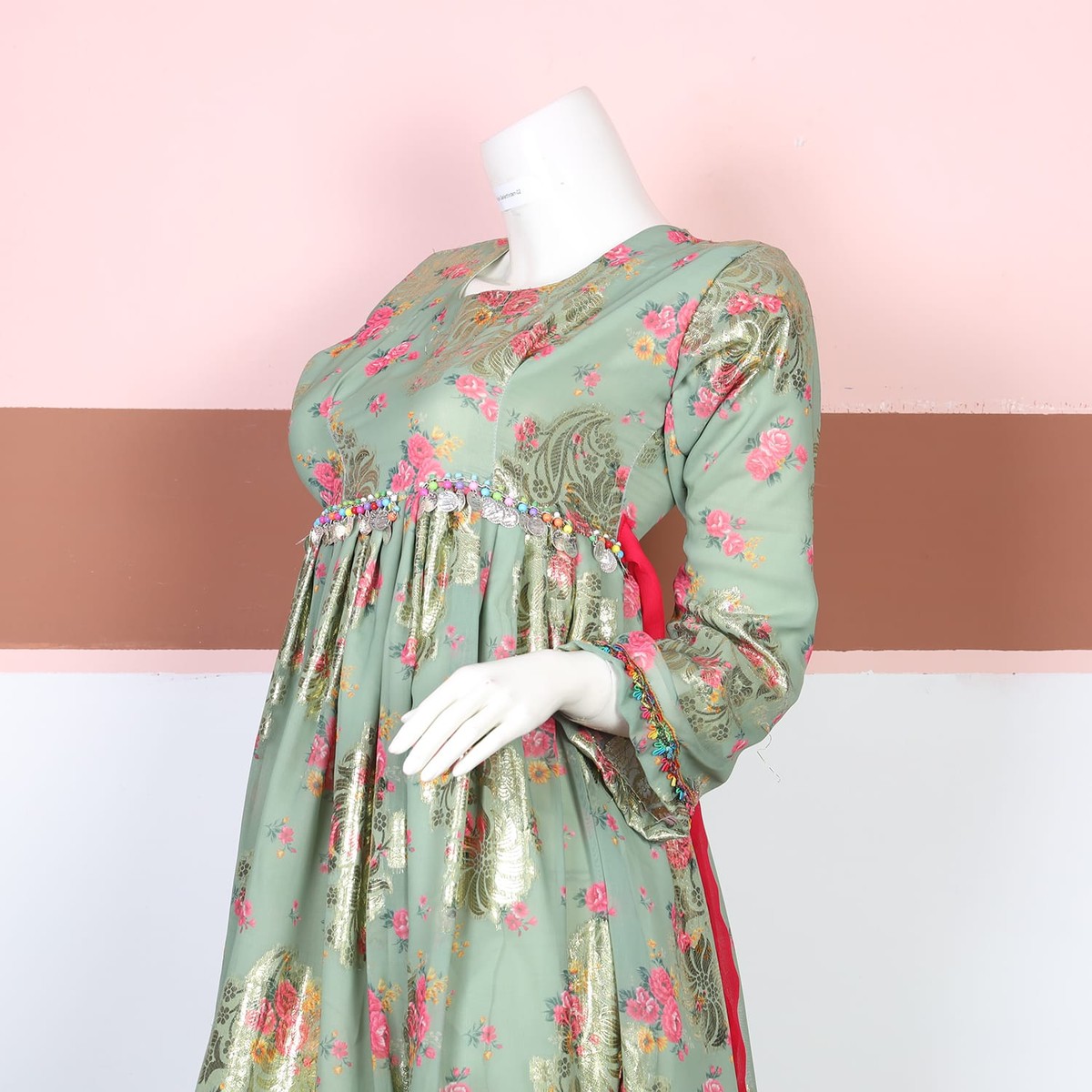 Pastel Green Floral Afghan Dress 2