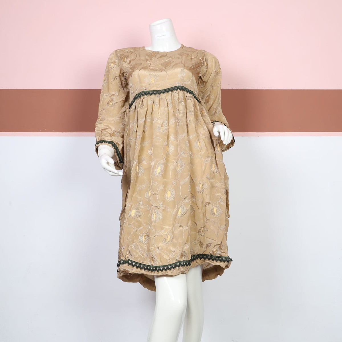 Beige Floral Textured Afghan Dress 2