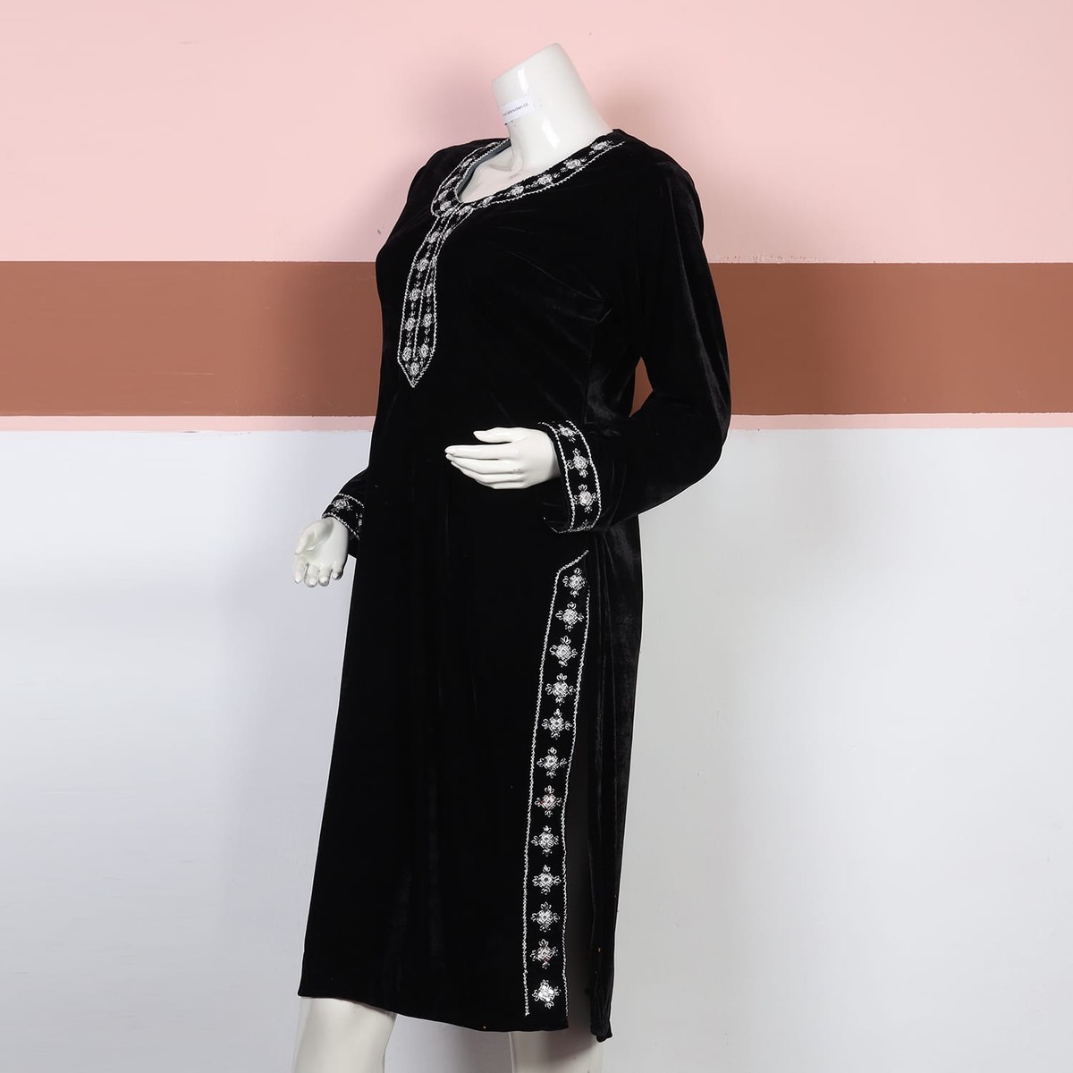 Classic Black Velvet Long Dress with White Embroidery 3