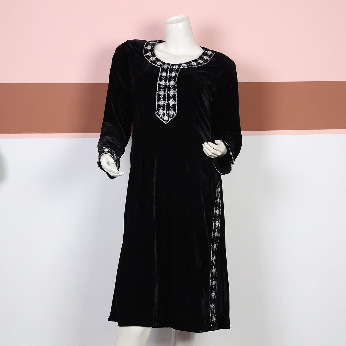 Classic Black Velvet Long Dress with White Embroidery 2