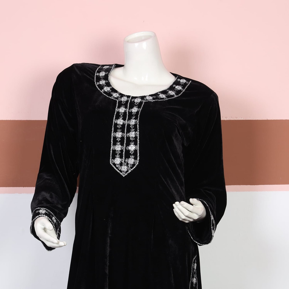 Classic Black Velvet Long Dress with White Embroidery 1