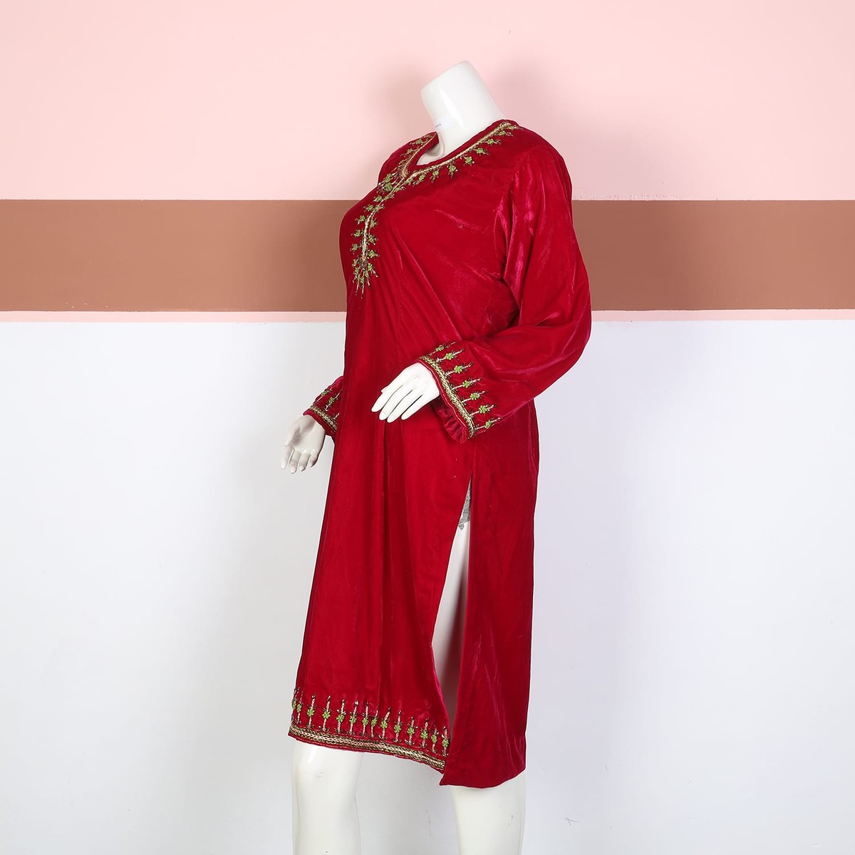 Red Velvet Afghan Dress with Green and Gold Embroidery 2