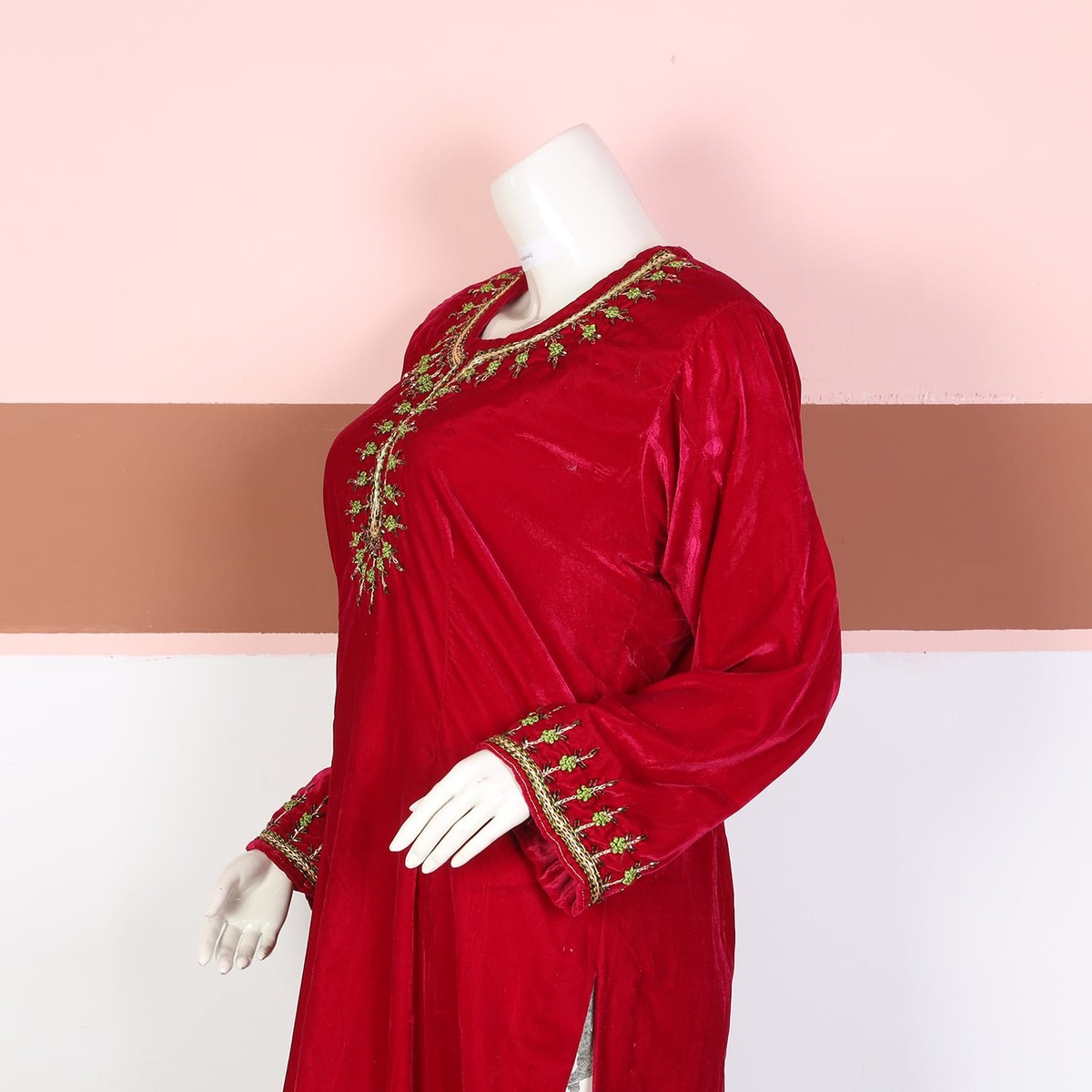 Red Velvet Afghan Dress with Green and Gold Embroidery 4