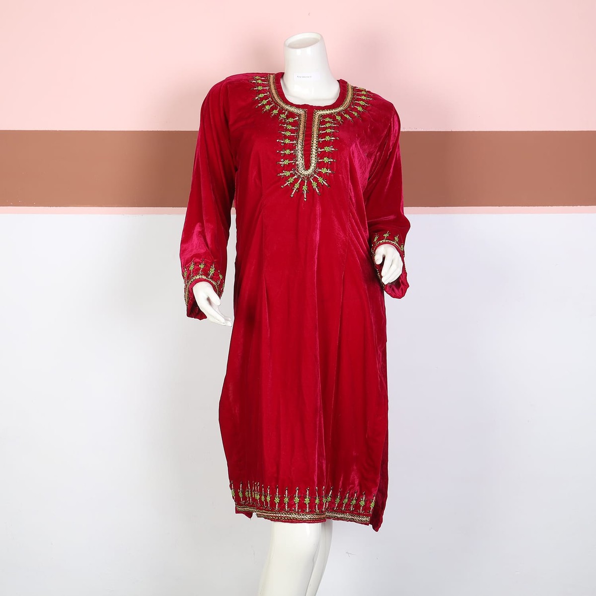 Red Velvet Afghan Dress with Green and Gold Embroidery 3